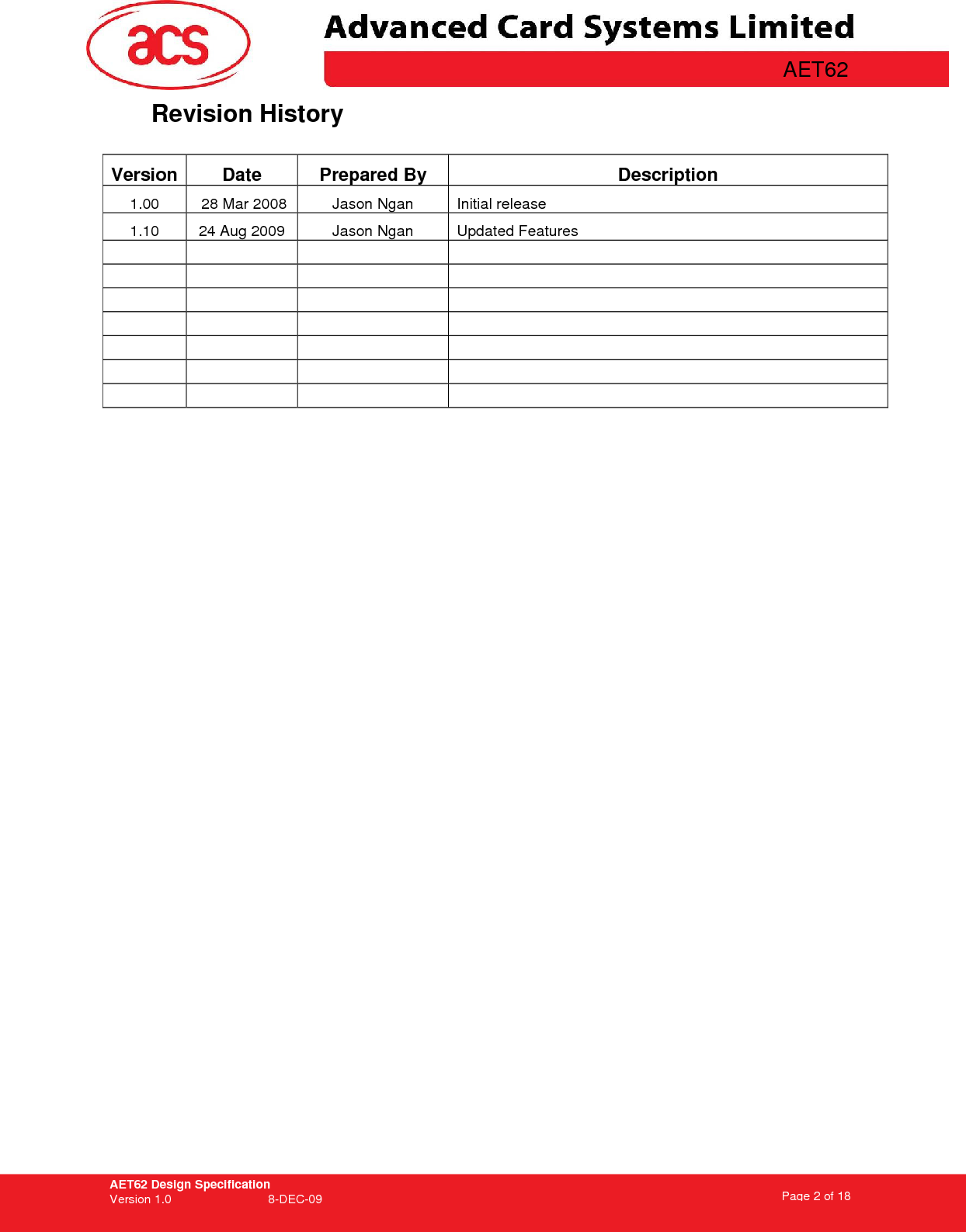 AET62 Design Specification Version 1.0   8-DEC-09 Page 2 of 18   AET62 Revision History  Version  Date  Prepared By  Description 1.00   28 Mar 2008  Jason Ngan  Initial release 1.10  24 Aug 2009  Jason Ngan  Updated Features                                                   