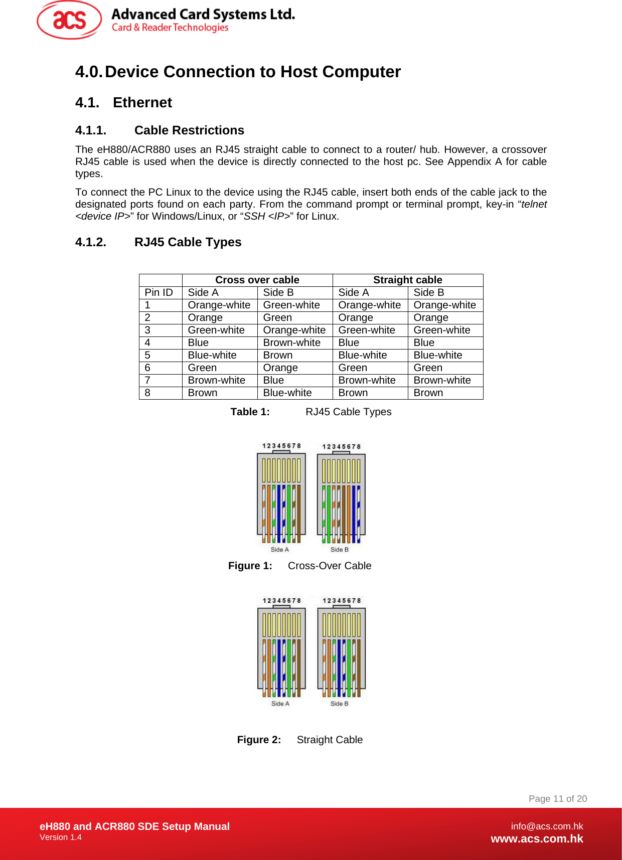 Document Title Here Document Title Here  Document Title Here eH880 and ACR880 SDE Setup Manual Version 1.4   Page 11 of 20info@acs.com.hkwww.acs.com.hk4.0. Device Connection to Host Computer 4.1. Ethernet 4.1.1. Cable Restrictions The eH880/ACR880 uses an RJ45 straight cable to connect to a router/ hub. However, a crossover RJ45 cable is used when the device is directly connected to the host pc. See Appendix A for cable types.  To connect the PC Linux to the device using the RJ45 cable, insert both ends of the cable jack to the designated ports found on each party. From the command prompt or terminal prompt, key-in “telnet &lt;device IP&gt;” for Windows/Linux, or “SSH &lt;IP&gt;” for Linux. 4.1.2.  RJ45 Cable Types   Cross over cable  Straight cable Pin ID  Side A  Side B  Side A  Side B 1 Orange-white Green-white Orange-white Orange-white 2 Orange Green  Orange Orange 3 Green-white Orange-white Green-white Green-white 4 Blue Brown-white Blue Blue 5 Blue-white Brown  Blue-white Blue-white 6 Green Orange Green Green 7 Brown-white Blue  Brown-white Brown-white 8 Brown Blue-white Brown Brown Table 1:  RJ45 Cable Types   Figure 1:  Cross-Over Cable        Figure 2:  Straight Cable  