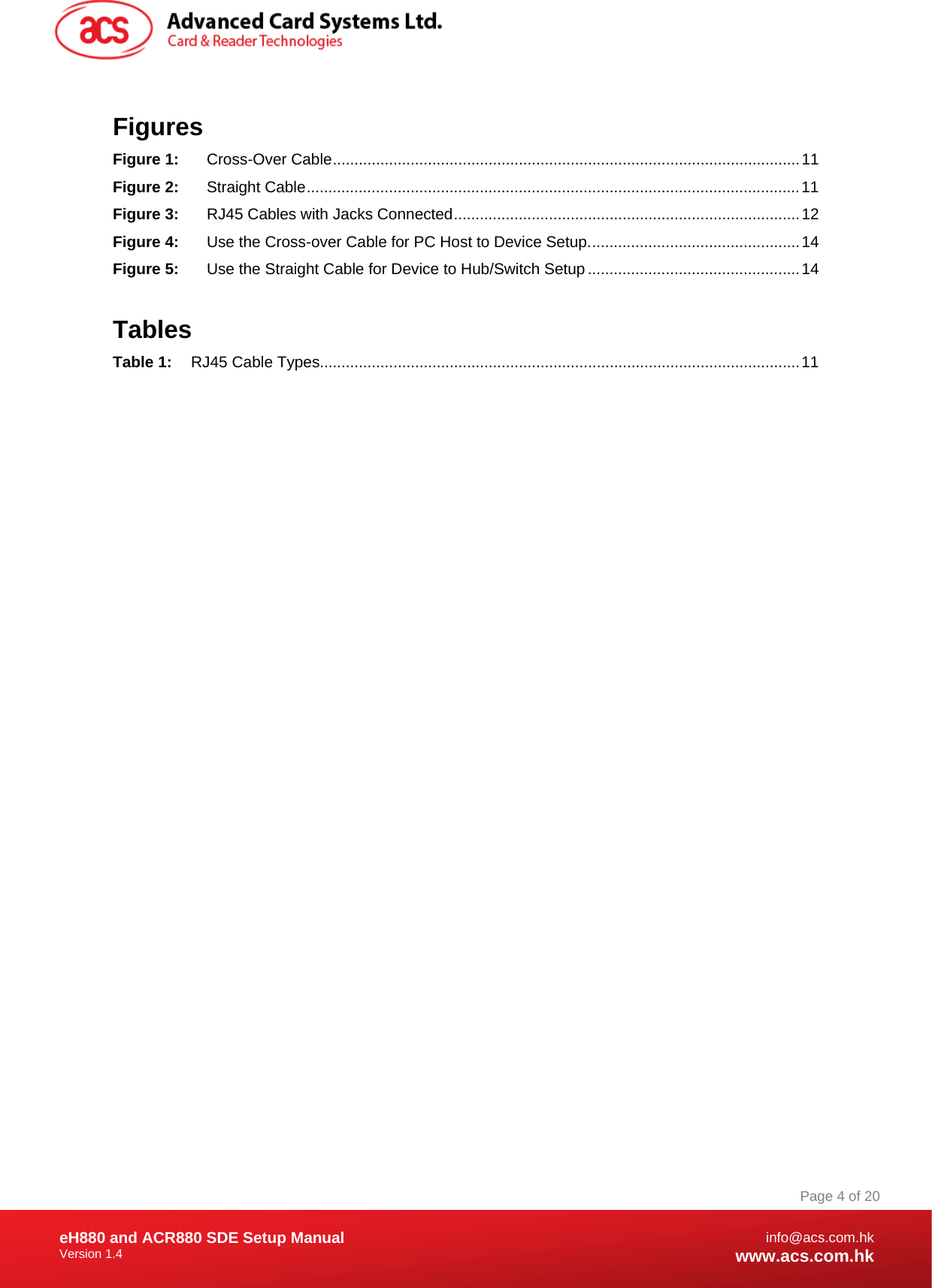 Document Title Here Document Title Here  Document Title Here eH880 and ACR880 SDE Setup Manual Version 1.4   Page 4 of 20info@acs.com.hkwww.acs.com.hk Figures Figure 1: Cross-Over Cable............................................................................................................11 Figure 2: Straight Cable..................................................................................................................11 Figure 3: RJ45 Cables with Jacks Connected................................................................................12 Figure 4: Use the Cross-over Cable for PC Host to Device Setup.................................................14 Figure 5: Use the Straight Cable for Device to Hub/Switch Setup.................................................14  Tables Table 1: RJ45 Cable Types...............................................................................................................11  