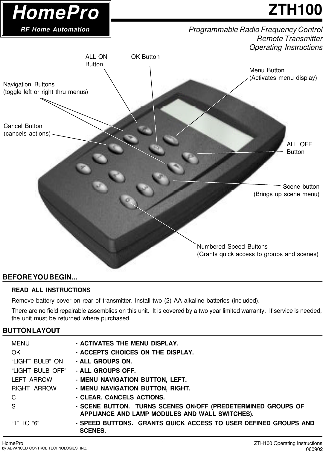 ZTH100 Operating Instructions060902HomeProby ADVANCED CONTROL TECHNOLOGIES, INC.1BEFORE YOU BEGIN...READ ALL INSTRUCTIONSRemove battery cover on rear of transmitter. Install two (2) AA alkaline batteries (included).There are no field repairable assemblies on this unit.  It is covered by a two year limited warranty.  If service is needed,the unit must be returned where purchased.BUTTON LAYOUTMENU - ACTIVATES THE MENU DISPLAY.OK - ACCEPTS CHOICES ON THE DISPLAY.“LIGHT BULB” ON - ALL GROUPS ON.“LIGHT BULB OFF”- ALL GROUPS OFF.LEFT ARROW - MENU NAVIGATION BUTTON, LEFT.RIGHT ARROW - MENU NAVIGATION BUTTON, RIGHT.C- CLEAR. CANCELS ACTIONS.S- SCENE BUTTON.  TURNS SCENES ON/OFF (PREDETERMINED GROUPS OF  APPLIANCE AND LAMP MODULES AND WALL SWITCHES).“1” TO “6” - SPEED BUTTONS.  GRANTS QUICK ACCESS TO USER DEFINED GROUPS AND  SCENES.Programmable Radio Frequency ControlRemote TransmitterOperating InstructionsALL OFFButtonOK ButtonNavigation Buttons(toggle left or right thru menus)Scene button(Brings up scene menu)Numbered Speed Buttons(Grants quick access to groups and scenes)Cancel Button(cancels actions)ALL ONButton Menu Button(Activates menu display)ZTH100HomeProRF Home Automation