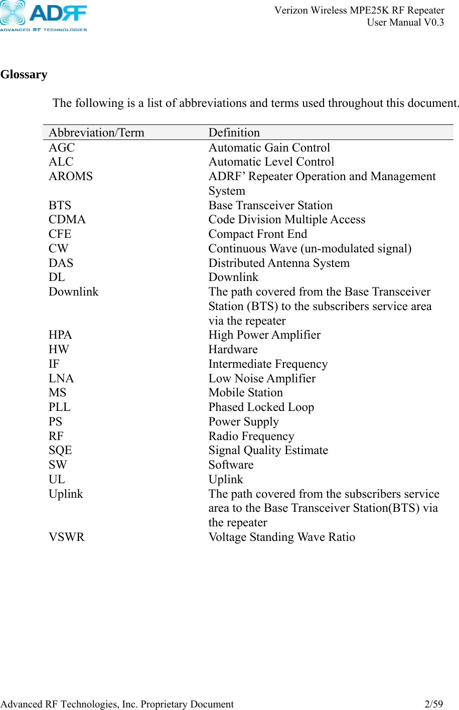       Verizon Wireless MPE25K RF Repeater   User Manual V0.3 Advanced RF Technologies, Inc. Proprietary Document  2/59  Glossary The following is a list of abbreviations and terms used throughout this document.  Abbreviation/Term  Definition AGC Automatic Gain Control ALC  Automatic Level Control AROMS ADRF’ Repeater Operation and Management System BTS Base Transceiver Station CDMA  Code Division Multiple Access CFE  Compact Front End CW Continuous Wave (un-modulated signal) DAS Distributed Antenna System DL Downlink Downlink  The path covered from the Base Transceiver Station (BTS) to the subscribers service area via the repeater HPA High Power Amplifier HW Hardware IF Intermediate Frequency LNA Low Noise Amplifier MS Mobile Station  PLL  Phased Locked Loop PS Power Supply RF Radio Frequency SQE  Signal Quality Estimate SW Software UL Uplink Uplink  The path covered from the subscribers service area to the Base Transceiver Station(BTS) via the repeater   VSWR  Voltage Standing Wave Ratio  
