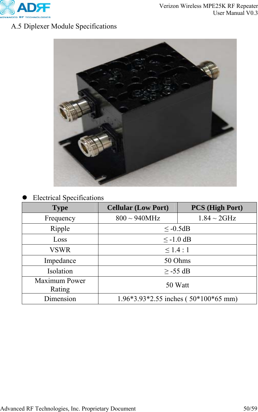       Verizon Wireless MPE25K RF Repeater   User Manual V0.3 Advanced RF Technologies, Inc. Proprietary Document  50/59 A.5 Diplexer Module Specifications    z Electrical Specifications Type  Cellular (Low Port)  PCS (High Port) Frequency  800 ~ 940MHz  1.84 ~ 2GHz Ripple  ≤ -0.5dB Loss  ≤ -1.0 dB VSWR  ≤ 1.4 : 1 Impedance 50 Ohms Isolation  ≥ -55 dB Maximum Power Rating  50 Watt Dimension  1.96*3.93*2.55 inches ( 50*100*65 mm)  