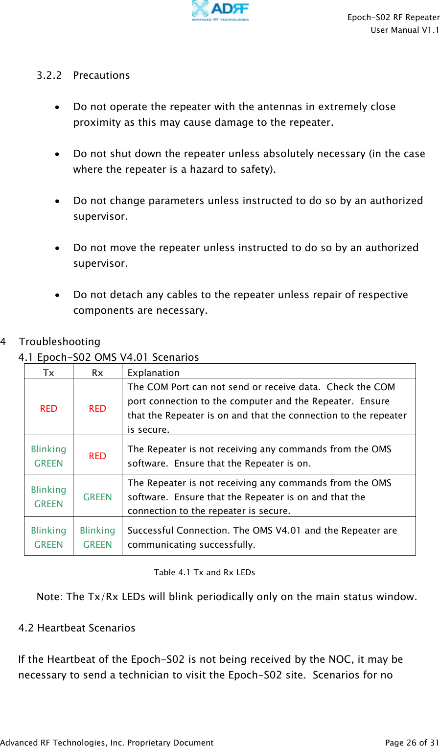    Epoch-S02 RF Repeater  User Manual V1.1   3.2.2 Precautions  • Do not operate the repeater with the antennas in extremely close proximity as this may cause damage to the repeater.  • Do not shut down the repeater unless absolutely necessary (in the case where the repeater is a hazard to safety).  • Do not change parameters unless instructed to do so by an authorized supervisor.  • Do not move the repeater unless instructed to do so by an authorized supervisor.  • Do not detach any cables to the repeater unless repair of respective components are necessary.  4 Troubleshooting 4.1 Epoch-S02 OMS V4.01 Scenarios Tx Rx Explanation RED RED The COM Port can not send or receive data.  Check the COM port connection to the computer and the Repeater.  Ensure that the Repeater is on and that the connection to the repeater is secure. Blinking GREEN  RED  The Repeater is not receiving any commands from the OMS software.  Ensure that the Repeater is on. Blinking GREEN  GREEN The Repeater is not receiving any commands from the OMS software.  Ensure that the Repeater is on and that the connection to the repeater is secure. Blinking GREEN Blinking GREEN Successful Connection. The OMS V4.01 and the Repeater are communicating successfully.   Table 4.1 Tx and Rx LEDs Note: The Tx/Rx LEDs will blink periodically only on the main status window.    4.2 Heartbeat Scenarios  If the Heartbeat of the Epoch-S02 is not being received by the NOC, it may be necessary to send a technician to visit the Epoch-S02 site.  Scenarios for no   Advanced RF Technologies, Inc. Proprietary Document   Page 26 of 31  