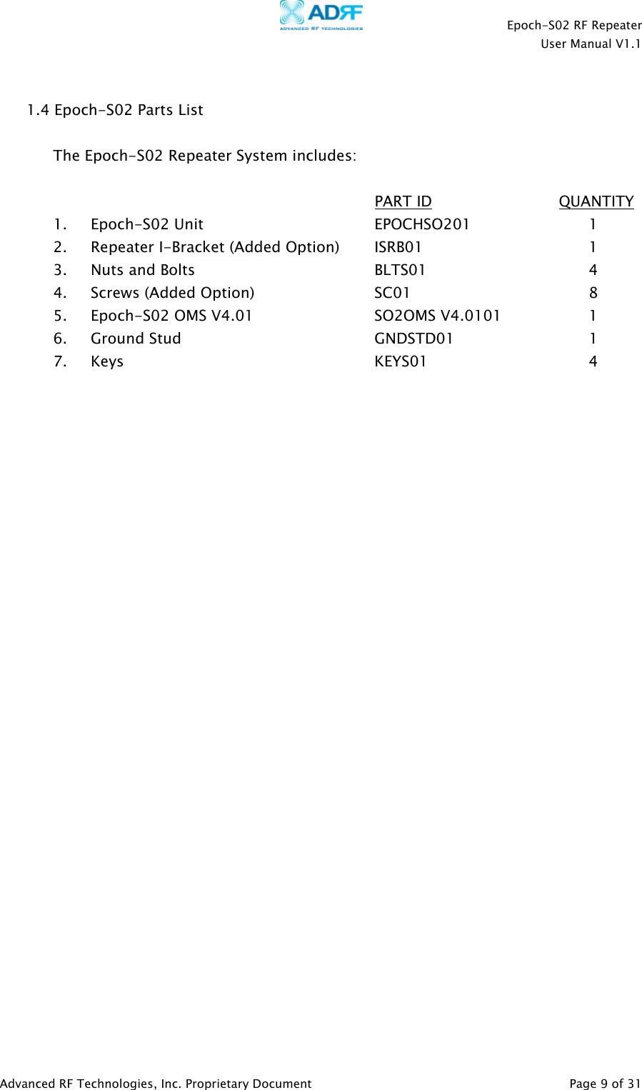    Epoch-S02 RF Repeater  User Manual V1.1   1.4 Epoch-S02 Parts List  The Epoch-S02 Repeater System includes:        PART ID              QUANTITY 1. Epoch-S02 Unit    EPOCHSO201   1  2. Repeater I-Bracket (Added Option)  ISRB01       1   3. Nuts and Bolts    BLTS01    4 4. Screws (Added Option)   SC01    8 5. Epoch-S02 OMS V4.01          SO2OMS V4.0101    1 6. Ground Stud    GNDSTD01   1 7. Keys     KEYS01   4      Advanced RF Technologies, Inc. Proprietary Document   Page 9 of 31  