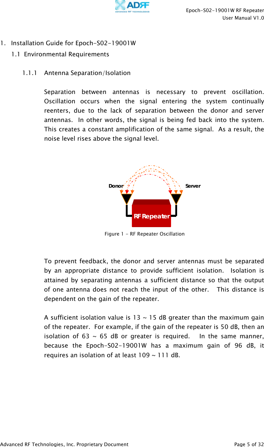    Epoch-S02-19001W RF Repeater  User Manual V1.0  Advanced RF Technologies, Inc. Proprietary Document   Page 5 of 32  1. Installation Guide for Epoch-S02-19001W  1.1  Environmental Requirements  1.1.1 Antenna Separation/Isolation   Separation between antennas is necessary to prevent oscillation. Oscillation occurs when the signal entering the system continually reenters, due to the lack of separation between the donor and server antennas.  In other words, the signal is being fed back into the system.  This creates a constant amplification of the same signal.  As a result, the noise level rises above the signal level.        To prevent feedback, the donor and server antennas must be separated by an appropriate distance to provide sufficient isolation.  Isolation is attained by separating antennas a sufficient distance so that the output of one antenna does not reach the input of the other.   This distance is dependent on the gain of the repeater.     A sufficient isolation value is 13 ~ 15 dB greater than the maximum gain of the repeater.  For example, if the gain of the repeater is 50 dB, then an isolation of 63 ~ 65 dB or greater is required.   In the same manner, because the Epoch-S02-19001W has a maximum gain of 96 dB, it requires an isolation of at least 109 ~ 111 dB.          Donor Server RF RepeaterFigure 1 - RF Repeater Oscillation