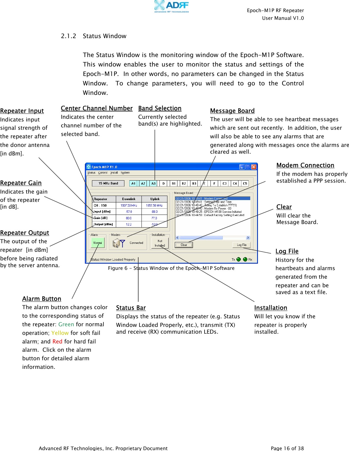    Epoch-M1P RF Repeater  User Manual V1.0  2.1.2 Status Window    The Status Window is the monitoring window of the Epoch-M1P Software.  This window enables the user to monitor the status and settings of the Epoch-M1P.  In other words, no parameters can be changed in the Status Window.  To change parameters, you will need to go to the Control Window.                      Band Selection Currently selected  band(s) are highlighted.  Repeater Input Indicates input signal strength of the repeater after the donor antenna  [in dBm]. Repeater Output The output of the repeater  [in dBm] before being radiated by the server antenna. Repeater Gain Indicates the gain  of the repeater  [in dB]. Alarm Button The alarm button changes color to the corresponding status of the repeater: Green for normal operation; Yellow for soft fail alarm; and Red for hard fail alarm.  Click on the alarm button for detailed alarm information.  Message Board The user will be able to see heartbeat messages which are sent out recently.  In addition, the user will also be able to see any alarms that are generated along with messages once the alarms are cleared as well. Figure 6 - Status Window of the Epoch-M1P Software Center Channel Number Indicates the center channel number of the selected band. Modem Connection If the modem has properly established a PPP session. Clear Will clear the Message Board. Log File History for the heartbeats and alarms generated from the repeater and can be saved as a text file.  Status Bar Displays the status of the repeater (e.g. Status Window Loaded Properly, etc.), transmit (TX) and receive (RX) communication LEDs.  Installation Will let you know if the repeater is properly installed.      Advanced RF Technologies, Inc. Proprietary Document   Page 16 of 38  