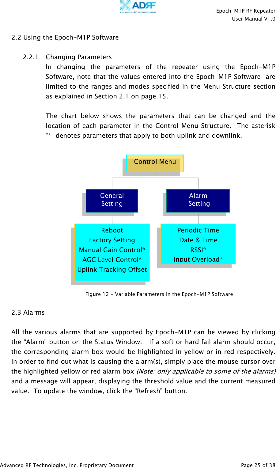    Epoch-M1P RF Repeater  User Manual V1.0  2.2 Using the Epoch-M1P Software   2.2.1 Changing Parameters In changing the parameters of the repeater using the Epoch-M1P Software, note that the values entered into the Epoch-M1P Software  are limited to the ranges and modes specified in the Menu Structure section as explained in Section 2.1 on page 15.  The chart below shows the parameters that can be changed and the location of each parameter in the Control Menu Structure.  The asterisk “*” denotes parameters that apply to both uplink and downlink.  Control MenuGeneral   Alarm  Setting   Setting Reboot  Periodic Time Factory Setting  Date &amp; Time Manual Gain Control* RSSI* Input Overload*AGC Level Control* Uplink Tracking OffsetFigure 12 - Variable Parameters in the Epoch-M1P Software   2.3 Alarms  All the various alarms that are supported by Epoch-M1P can be viewed by clicking the “Alarm” button on the Status Window.   If a soft or hard fail alarm should occur, the corresponding alarm box would be highlighted in yellow or in red respectively.  In order to find out what is causing the alarm(s), simply place the mouse cursor over the highlighted yellow or red alarm box (Note: only applicable to some of the alarms) and a message will appear, displaying the threshold value and the current measured value.  To update the window, click the “Refresh” button.   Advanced RF Technologies, Inc. Proprietary Document   Page 25 of 38  