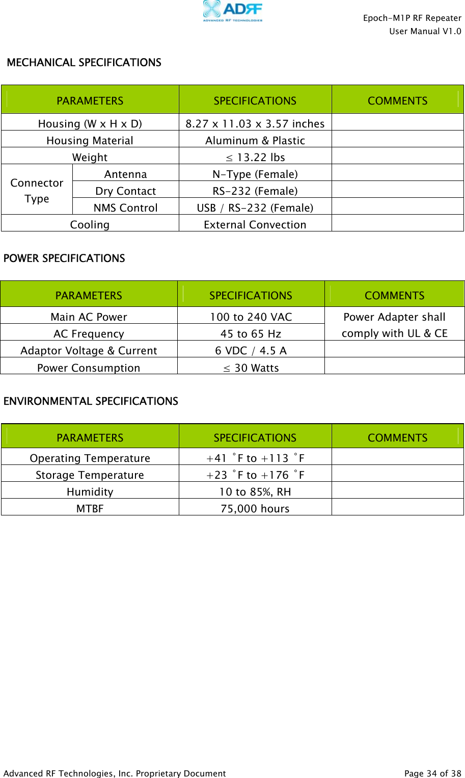    Epoch-M1P RF Repeater  User Manual V1.0   MECHANICAL SPECIFICATIONS  PARAMETERS  SPECIFICATIONS  COMMENTS Housing (W x H x D)  8.27 x 11.03 x 3.57 inches  Housing Material  Aluminum &amp; Plastic   Weight  ≤ 13.22 lbs   Antenna N-Type (Female)   Dry Contact  RS-232 (Female)   Connector Type  NMS Control  USB / RS-232 (Female)   Cooling External Convection   POWER SPECIFICATIONS  PARAMETERS  SPECIFICATIONS  COMMENTS Main AC Power  100 to 240 VAC AC Frequency  45 to 65 Hz Power Adapter shall comply with UL &amp; CE Adaptor Voltage &amp; Current  6 VDC / 4.5 A   Power Consumption  ≤ 30 Watts    ENVIRONMENTAL SPECIFICATIONS  PARAMETERS  SPECIFICATIONS  COMMENTS Operating Temperature  +41 ˚F to +113 ˚F  Storage Temperature  +23 ˚F to +176 ˚F  Humidity  10 to 85%, RH   MTBF 75,000 hours               Advanced RF Technologies, Inc. Proprietary Document   Page 34 of 38  