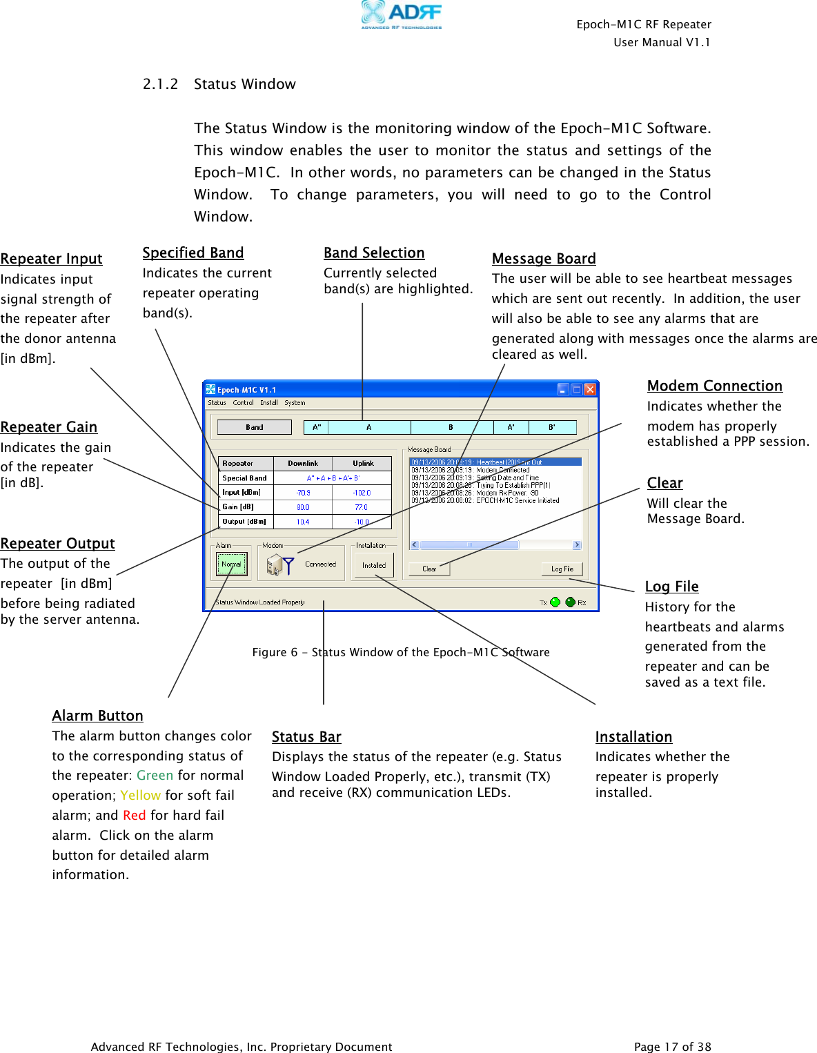    Epoch-M1C RF Repeater  User Manual V1.1  Advanced RF Technologies, Inc. Proprietary Document   Page 17 of 38  2.1.2 Status Window    The Status Window is the monitoring window of the Epoch-M1C Software.  This window enables the user to monitor the status and settings of the Epoch-M1C.  In other words, no parameters can be changed in the Status Window.  To change parameters, you will need to go to the Control Window.                           Band Selection Currently selected  band(s) are highlighted.  Repeater Input Indicates input signal strength of the repeater after the donor antenna  [in dBm]. Repeater Output The output of the repeater  [in dBm] before being radiated by the server antenna. Repeater Gain Indicates the gain  of the repeater  [in dB]. Alarm Button The alarm button changes color to the corresponding status of the repeater: Green for normal operation; Yellow for soft fail alarm; and Red for hard fail alarm.  Click on the alarm button for detailed alarm information.  Message Board The user will be able to see heartbeat messages which are sent out recently.  In addition, the user will also be able to see any alarms that are generated along with messages once the alarms are cleared as well. Status Bar Displays the status of the repeater (e.g. Status Window Loaded Properly, etc.), transmit (TX) and receive (RX) communication LEDs.  Figure 6 - Status Window of the Epoch-M1C Software Installation Indicates whether the repeater is properly installed. Modem Connection Indicates whether the modem has properly established a PPP session. Log File History for the heartbeats and alarms generated from the repeater and can be saved as a text file.  Clear Will clear the Message Board. Specified Band Indicates the current repeater operating band(s). 