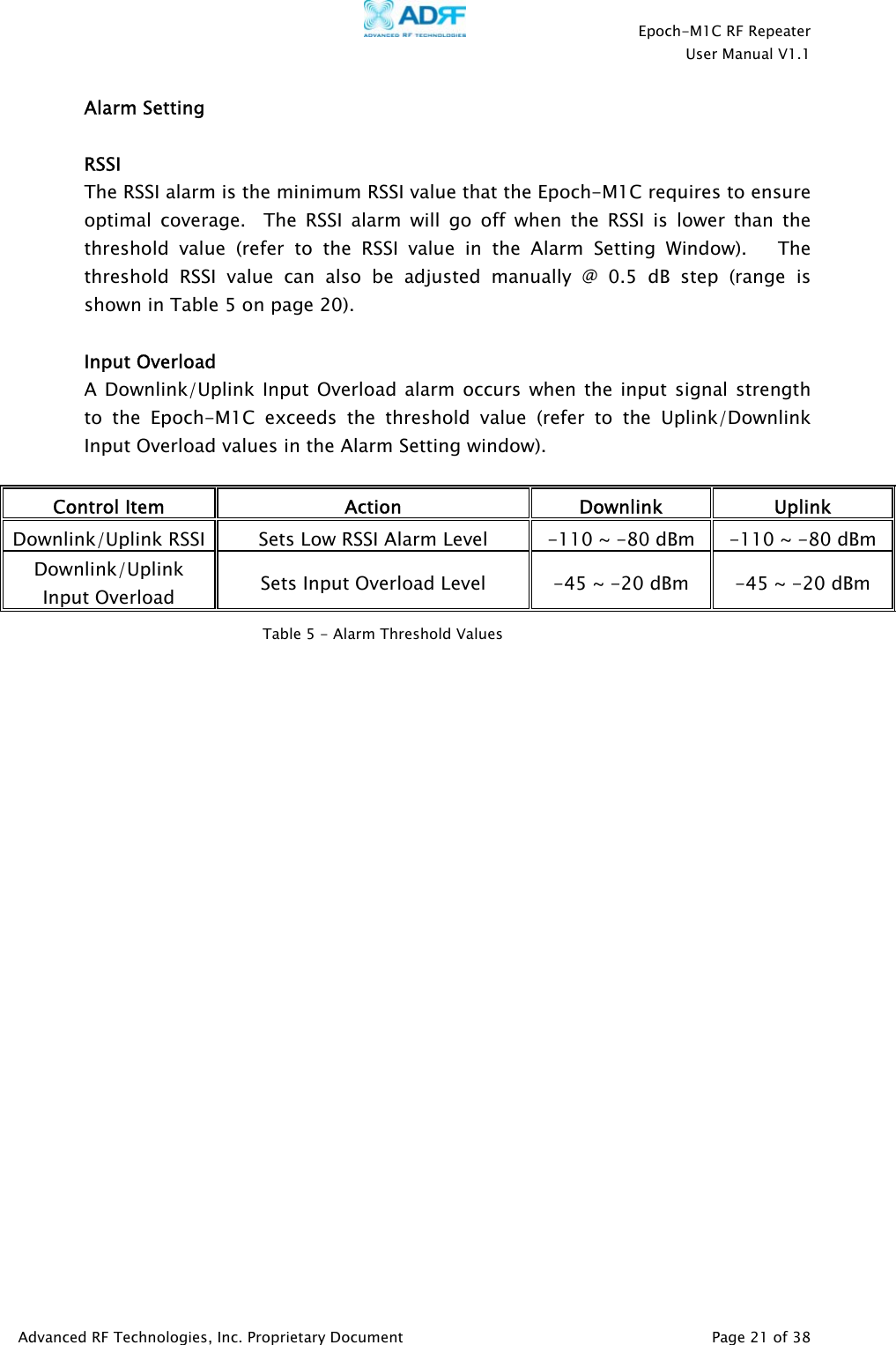    Epoch-M1C RF Repeater  User Manual V1.1  Advanced RF Technologies, Inc. Proprietary Document   Page 21 of 38  Alarm Setting  RSSI The RSSI alarm is the minimum RSSI value that the Epoch-M1C requires to ensure optimal coverage.  The RSSI alarm will go off when the RSSI is lower than the threshold value (refer to the RSSI value in the Alarm Setting Window).   The threshold RSSI value can also be adjusted manually @ 0.5 dB step (range is shown in Table 5 on page 20).   Input Overload A Downlink/Uplink Input Overload alarm occurs when the input signal strength to the Epoch-M1C exceeds the threshold value (refer to the Uplink/Downlink Input Overload values in the Alarm Setting window).  Control Item  Action Downlink Uplink Downlink/Uplink RSSI  Sets Low RSSI Alarm Level  -110 ~ -80 dBm  -110 ~ -80 dBm Downlink/Uplink Input Overload  Sets Input Overload Level  -45 ~ -20 dBm  -45 ~ -20 dBm   Table 5 - Alarm Threshold Values 