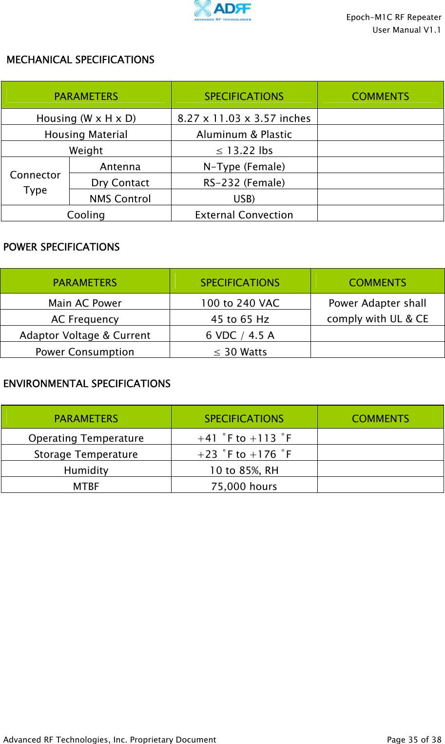    Epoch-M1C RF Repeater  User Manual V1.1  Advanced RF Technologies, Inc. Proprietary Document   Page 35 of 38   MECHANICAL SPECIFICATIONS  PARAMETERS  SPECIFICATIONS  COMMENTS Housing (W x H x D)  8.27 x 11.03 x 3.57 inches  Housing Material  Aluminum &amp; Plastic   Weight  ≤ 13.22 lbs   Antenna N-Type (Female)   Dry Contact  RS-232 (Female)   Connector Type  NMS Control  USB)   Cooling External Convection   POWER SPECIFICATIONS  PARAMETERS  SPECIFICATIONS  COMMENTS Main AC Power  100 to 240 VAC AC Frequency  45 to 65 Hz Power Adapter shall comply with UL &amp; CE Adaptor Voltage &amp; Current  6 VDC / 4.5 A   Power Consumption  ≤ 30 Watts    ENVIRONMENTAL SPECIFICATIONS  PARAMETERS  SPECIFICATIONS  COMMENTS Operating Temperature  +41 ˚F to +113 ˚F  Storage Temperature  +23 ˚F to +176 ˚F  Humidity  10 to 85%, RH   MTBF 75,000 hours               