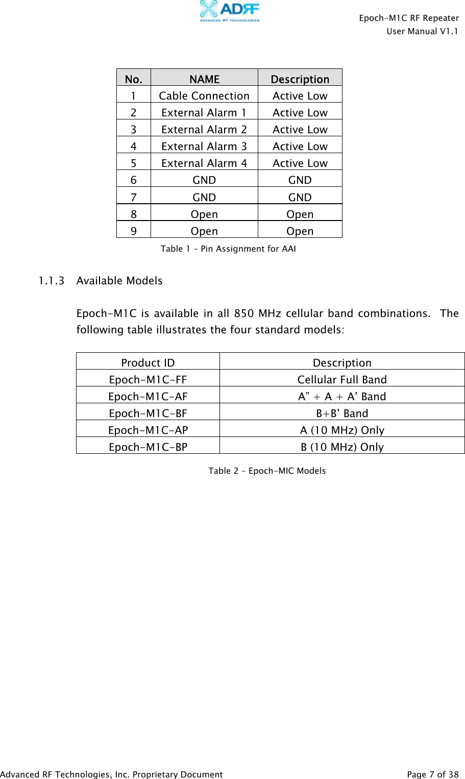    Epoch-M1C RF Repeater  User Manual V1.1  Advanced RF Technologies, Inc. Proprietary Document   Page 7 of 38   No.  NAME  Description 1 Cable Connection Active Low 2  External Alarm 1  Active Low 3  External Alarm 2  Active Low 4  External Alarm 3  Active Low 5  External Alarm 4  Active Low 6 GND  GND 7 GND  GND 8 Open  Open 9 Open  Open   1.1.3 Available Models  Epoch-M1C is available in all 850 MHz cellular band combinations.  The following table illustrates the four standard models:  Product ID  Description Epoch-M1C-FF  Cellular Full Band Epoch-M1C-AF  A” + A + A’ Band Epoch-M1C-BF B+B’ Band Epoch-M1C-AP  A (10 MHz) Only Epoch-M1C-BP  B (10 MHz) Only                  Table 1 – Pin Assignment for AAITable 2 – Epoch-MIC Models