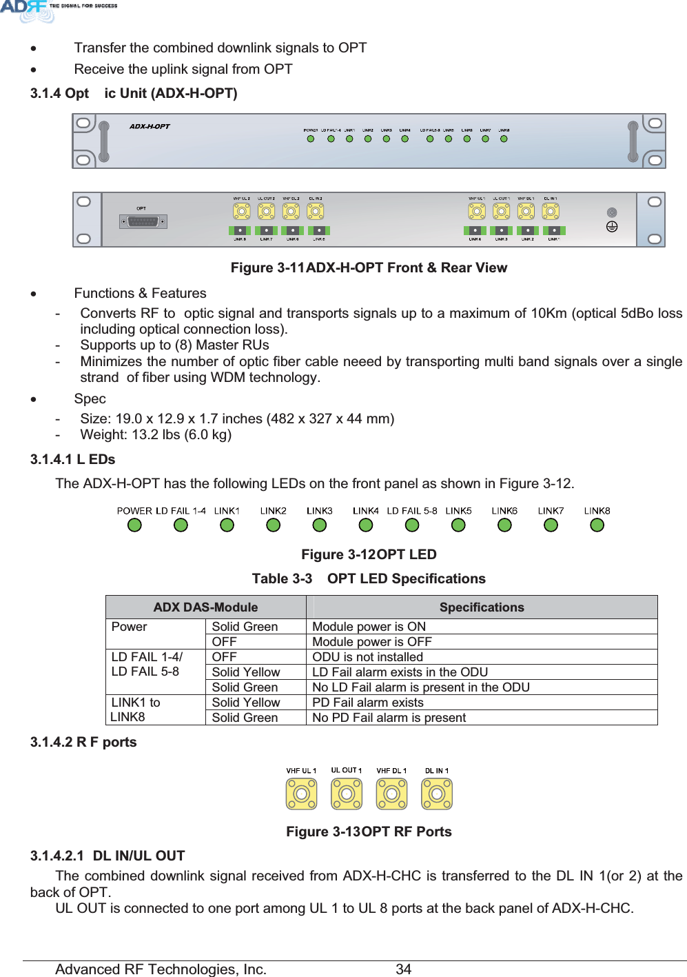 Advanced RF Technologies, Inc.         34 x  Transfer the combined downlink signals to OPT x  Receive the uplink signal from OPT  2SW LF8QLW$&apos;;+237)LJXUH$&apos;;+237)URQW5HDU9LHZx Functions &amp; Features -  Converts RF to  optic signal and transports signals up to a maximum of 10Km (optical 5dBo loss including optical connection loss). -  Supports up to (8) Master RUs -  Minimizes the number of optic fiber cable neeed by transporting multi band signals over a single strand  of fiber using WDM technology. x Spec -  Size: 19.0 x 12.9 x 1.7 inches (482 x 327 x 44 mm) -  Weight: 13.2 lbs (6.0 kg) / (&apos;VThe ADX-H-OPT has the following LEDs on the front panel as shown in Figure 3-12. )LJXUH237/(&apos; 7DEOH 237/(&apos;6SHFLILFDWLRQV$&apos;;&apos;$60RGXOH 6SHFLILFDWLRQVSolid Green  Module power is ON Power OFF  Module power is OFF OFF  ODU is not installed Solid Yellow  LD Fail alarm exists in the ODU LD FAIL 1-4/ LD FAIL 5-8 Solid Green  No LD Fail alarm is present in the ODU Solid Yellow  PD Fail alarm exists LINK1 to LINK8  Solid Green  No PD Fail alarm is present 5 )SRUWV)LJXUH2375)3RUWV &apos;/,18/287The combined downlink signal received from ADX-H-CHC is transferred to the DL IN 1(or 2) at the back of OPT. UL OUT is connected to one port among UL 1 to UL 8 ports at the back panel of ADX-H-CHC.  