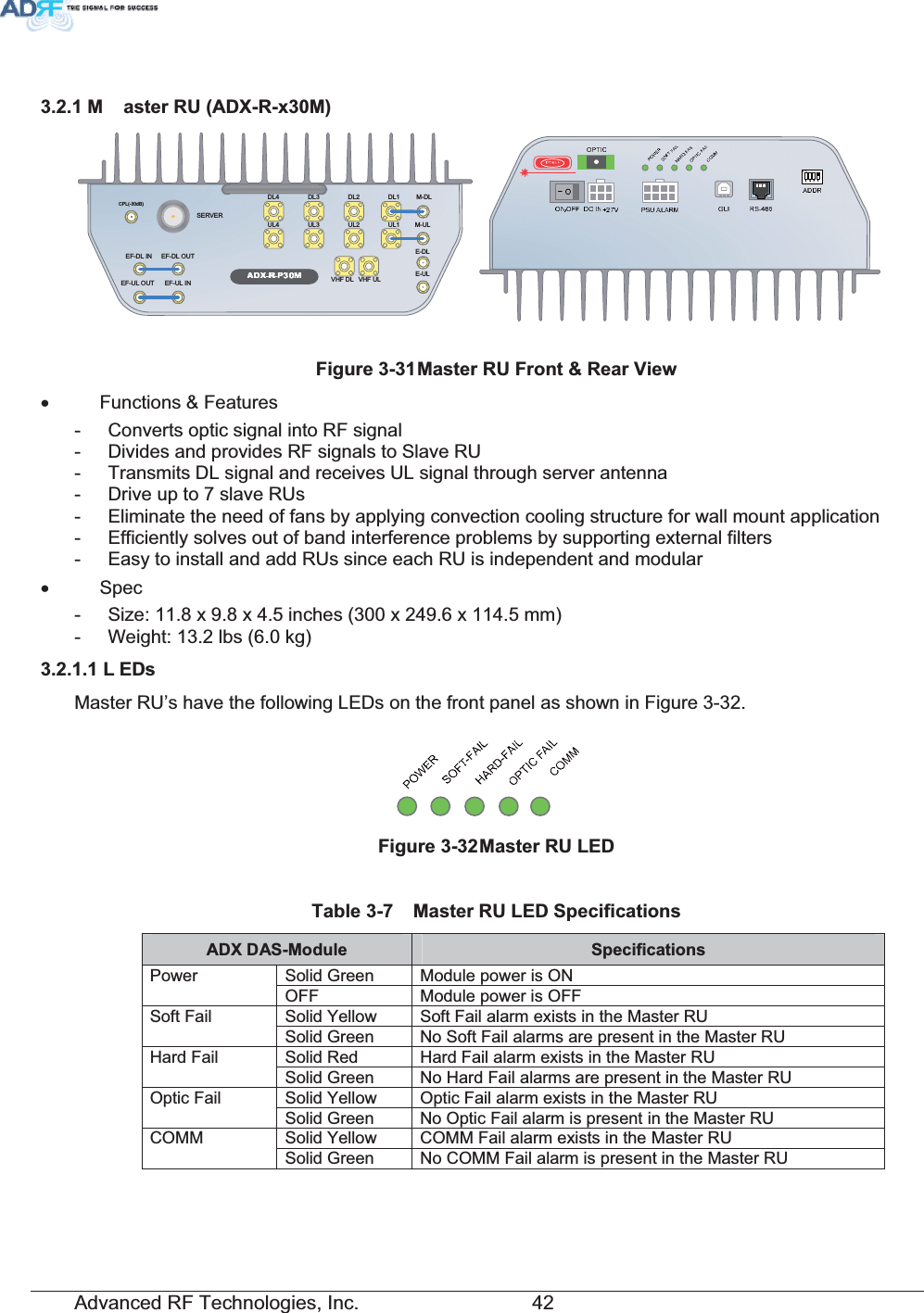 Advanced RF Technologies, Inc.         42 0 DVWHU58$&apos;;5[0SERVERUL4UL3UL2UL1DL4DL3DL2DL1M-DLM-ULCPL(-30dB)E-DLE-ULVHF DL VHF ULEF-DL IN EF-DL OUTEF-UL INEF-UL OUT)LJXUH0DVWHU58)URQW5HDU9LHZx Functions &amp; Features -  Converts optic signal into RF signal -  Divides and provides RF signals to Slave RU -  Transmits DL signal and receives UL signal through server antenna -  Drive up to 7 slave RUs -  Eliminate the need of fans by applying convection cooling structure for wall mount application -  Efficiently solves out of band interference problems by supporting external filters -  Easy to install and add RUs since each RU is independent and modular x Spec -  Size: 11.8 x 9.8 x 4.5 inches (300 x 249.6 x 114.5 mm) -  Weight: 13.2 lbs (6.0 kg) / (&apos;VMaster RU’s have the following LEDs on the front panel as shown in Figure 3-32. )LJXUH0DVWHU58/(&apos; 7DEOH 0DVWHU58/(&apos;6SHFLILFDWLRQV$&apos;;&apos;$60RGXOH 6SHFLILFDWLRQVSolid Green  Module power is ON Power OFF  Module power is OFF Solid Yellow  Soft Fail alarm exists in the Master RU Soft Fail Solid Green  No Soft Fail alarms are present in the Master RU Solid Red  Hard Fail alarm exists in the Master RU Hard Fail Solid Green  No Hard Fail alarms are present in the Master RU Solid Yellow  Optic Fail alarm exists in the Master RU Optic Fail Solid Green  No Optic Fail alarm is present in the Master RU Solid Yellow  COMM Fail alarm exists in the Master RU COMM Solid Green  No COMM Fail alarm is present in the Master RU 