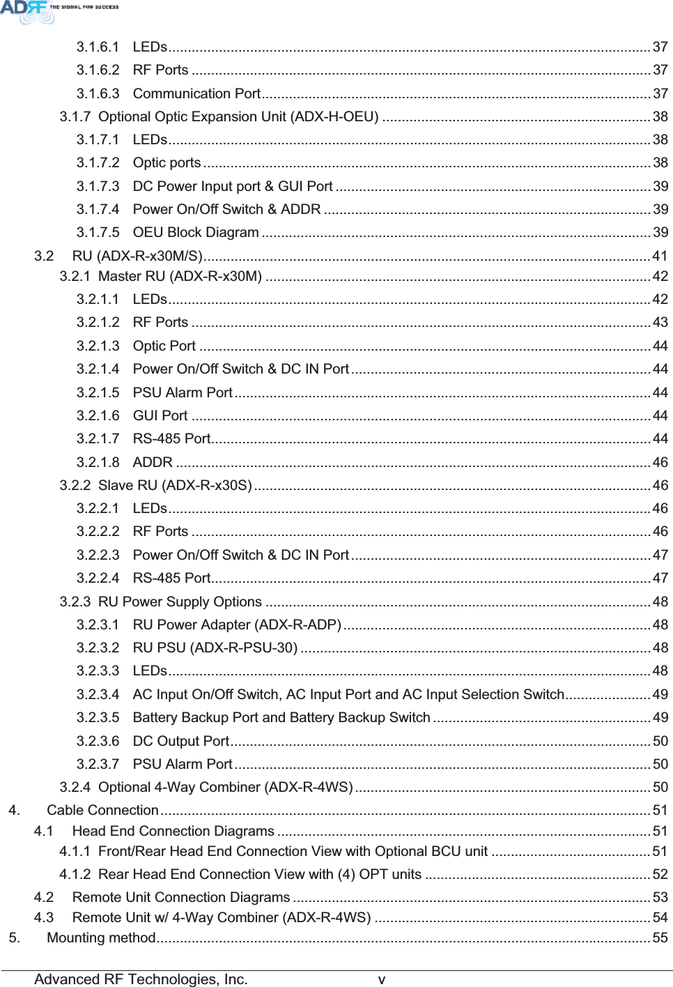 Advanced RF Technologies, Inc.         v3.1.6.1 LEDs............................................................................................................................ 373.1.6.2 RF Ports ...................................................................................................................... 373.1.6.3 Communication Port....................................................................................................373.1.7 Optional Optic Expansion Unit (ADX-H-OEU) .....................................................................383.1.7.1 LEDs............................................................................................................................383.1.7.2 Optic ports ...................................................................................................................383.1.7.3 DC Power Input port &amp; GUI Port .................................................................................393.1.7.4 Power On/Off Switch &amp; ADDR ....................................................................................393.1.7.5 OEU Block Diagram ....................................................................................................393.2 RU (ADX-R-x30M/S)...................................................................................................................413.2.1 Master RU (ADX-R-x30M) ...................................................................................................423.2.1.1 LEDs............................................................................................................................ 423.2.1.2 RF Ports ...................................................................................................................... 433.2.1.3 Optic Port ....................................................................................................................443.2.1.4 Power On/Off Switch &amp; DC IN Port ............................................................................. 443.2.1.5 PSU Alarm Port ...........................................................................................................443.2.1.6 GUI Port ......................................................................................................................443.2.1.7 RS-485 Port................................................................................................................. 443.2.1.8 ADDR ..........................................................................................................................463.2.2 Slave RU (ADX-R-x30S) ......................................................................................................463.2.2.1 LEDs............................................................................................................................ 463.2.2.2 RF Ports ...................................................................................................................... 463.2.2.3 Power On/Off Switch &amp; DC IN Port ............................................................................. 473.2.2.4 RS-485 Port................................................................................................................. 473.2.3 RU Power Supply Options ...................................................................................................483.2.3.1 RU Power Adapter (ADX-R-ADP)...............................................................................483.2.3.2 RU PSU (ADX-R-PSU-30) ..........................................................................................483.2.3.3 LEDs............................................................................................................................ 483.2.3.4 AC Input On/Off Switch, AC Input Port and AC Input Selection Switch......................493.2.3.5 Battery Backup Port and Battery Backup Switch ........................................................493.2.3.6 DC Output Port............................................................................................................503.2.3.7 PSU Alarm Port ...........................................................................................................503.2.4 Optional 4-Way Combiner (ADX-R-4WS) ............................................................................504. Cable Connection..............................................................................................................................514.1 Head End Connection Diagrams ................................................................................................514.1.1 Front/Rear Head End Connection View with Optional BCU unit .........................................514.1.2 Rear Head End Connection View with (4) OPT units ..........................................................524.2 Remote Unit Connection Diagrams ............................................................................................534.3 Remote Unit w/ 4-Way Combiner (ADX-R-4WS) .......................................................................545. Mounting method...............................................................................................................................55