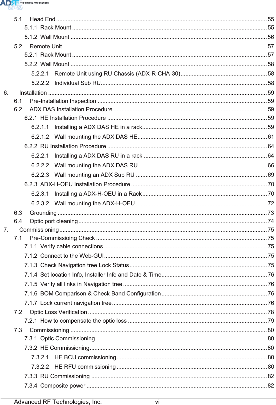 Advanced RF Technologies, Inc.         vi5.1 Head End .................................................................................................................................... 555.1.1 Rack Mount ..........................................................................................................................555.1.2 Wall Mount ...........................................................................................................................565.2 Remote Unit ................................................................................................................................575.2.1 Rack Mount ..........................................................................................................................575.2.2 Wall Mount ...........................................................................................................................585.2.2.1 Remote Unit using RU Chassis (ADX-R-CHA-30)......................................................585.2.2.2 Individual Sub RU........................................................................................................586. Installation .........................................................................................................................................596.1 Pre-Installation Inspection ..........................................................................................................596.2 ADX DAS Installation Procedure ................................................................................................596.2.1 HE Installation Procedure ....................................................................................................596.2.1.1 Installing a ADX DAS HE in a rack..............................................................................596.2.1.2 Wall mounting the ADX DAS HE.................................................................................616.2.2 RU Installation Procedure ....................................................................................................646.2.2.1 Installing a ADX DAS RU in a rack .............................................................................646.2.2.2 Wall mounting the ADX DAS RU ................................................................................666.2.2.3 Wall mounting an ADX Sub RU ..................................................................................696.2.3 ADX-H-OEU Installation Procedure .....................................................................................706.2.3.1 Installing a ADX-H-OEU in a Rack..............................................................................706.2.3.2 Wall mounting the ADX-H-OEU ..................................................................................726.3 Grounding ...................................................................................................................................736.4 Optic port cleaning...................................................................................................................... 747. Commissioning..................................................................................................................................757.1 Pre-Commissioing Check ........................................................................................................... 757.1.1 Verify cable connections ...................................................................................................... 757.1.2 Connect to the Web-GUI......................................................................................................757.1.3 Check Navigation tree Lock Status......................................................................................757.1.4 Set location Info, Installer Info and Date &amp; Time..................................................................767.1.5 Verify all links in Navigation tree ..........................................................................................767.1.6 BOM Comparison &amp; Check Band Configuration..................................................................767.1.7 Lock current navigation tree.................................................................................................767.2 Optic Loss Verification ................................................................................................................ 787.2.1 How to compensate the optic loss .......................................................................................797.3 Commissioning ........................................................................................................................... 807.3.1 Optic Commissioning ...........................................................................................................807.3.2 HE Commissioning...............................................................................................................807.3.2.1 HE BCU commissioning..............................................................................................807.3.2.2 HE RFU commissioning ..............................................................................................807.3.3 RU Commissioning ..............................................................................................................827.3.4 Composite power .................................................................................................................82