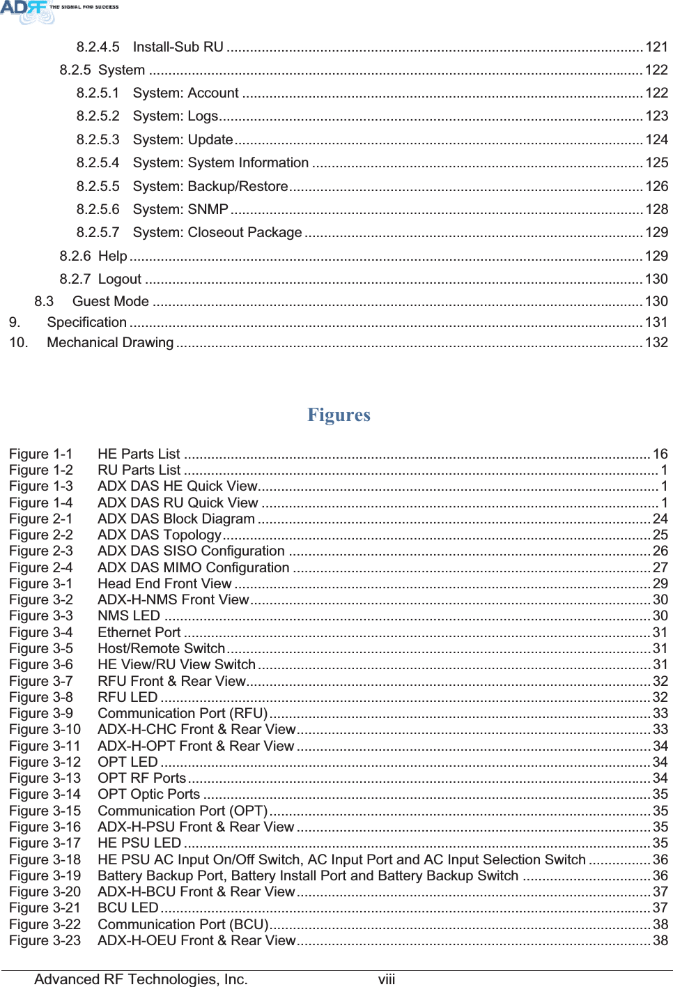 Advanced RF Technologies, Inc.         viii8.2.4.5 Install-Sub RU ...........................................................................................................1218.2.5 System ...............................................................................................................................1228.2.5.1 System: Account .......................................................................................................1228.2.5.2 System: Logs.............................................................................................................1238.2.5.3 System: Update.........................................................................................................1248.2.5.4 System: System Information .....................................................................................1258.2.5.5 System: Backup/Restore...........................................................................................1268.2.5.6 System: SNMP..........................................................................................................1288.2.5.7 System: Closeout Package .......................................................................................1298.2.6 Help ....................................................................................................................................1298.2.7 Logout ................................................................................................................................1308.3 Guest Mode ..............................................................................................................................1309. Specification ....................................................................................................................................13110. Mechanical Drawing ........................................................................................................................132Figures Figure 1-1 HE Parts List ........................................................................................................................16Figure 1-2 RU Parts List .......................................................................................................................... 1Figure 1-3 ADX DAS HE Quick View....................................................................................................... 1Figure 1-4 ADX DAS RU Quick View ...................................................................................................... 1Figure 2-1 ADX DAS Block Diagram ..................................................................................................... 24Figure 2-2 ADX DAS Topology..............................................................................................................25Figure 2-3 ADX DAS SISO Configuration .............................................................................................26Figure 2-4 ADX DAS MIMO Configuration ............................................................................................27Figure 3-1 Head End Front View ...........................................................................................................29Figure 3-2 ADX-H-NMS Front View.......................................................................................................30Figure 3-3 NMS LED .............................................................................................................................30Figure 3-4 Ethernet Port ........................................................................................................................ 31Figure 3-5 Host/Remote Switch.............................................................................................................31Figure 3-6 HE View/RU View Switch.....................................................................................................31Figure 3-7 RFU Front &amp; Rear View........................................................................................................32Figure 3-8 RFU LED .............................................................................................................................. 32Figure 3-9 Communication Port (RFU)..................................................................................................33Figure 3-10 ADX-H-CHC Front &amp; Rear View........................................................................................... 33Figure 3-11 ADX-H-OPT Front &amp; Rear View ...........................................................................................34Figure 3-12 OPT LED ..............................................................................................................................34Figure 3-13 OPT RF Ports....................................................................................................................... 34Figure 3-14 OPT Optic Ports ................................................................................................................... 35Figure 3-15 Communication Port (OPT)..................................................................................................35Figure 3-16 ADX-H-PSU Front &amp; Rear View ...........................................................................................35Figure 3-17 HE PSU LED ........................................................................................................................35Figure 3-18 HE PSU AC Input On/Off Switch, AC Input Port and AC Input Selection Switch ................36Figure 3-19 Battery Backup Port, Battery Install Port and Battery Backup Switch ................................. 36Figure 3-20 ADX-H-BCU Front &amp; Rear View...........................................................................................37Figure 3-21 BCU LED.............................................................................................................................. 37Figure 3-22 Communication Port (BCU)..................................................................................................38Figure 3-23 ADX-H-OEU Front &amp; Rear View...........................................................................................38