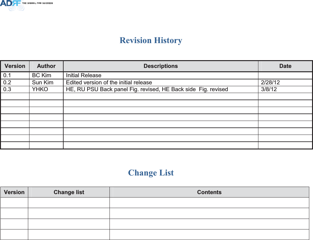 Revision History Change List 9HUVLRQ &amp;KDQJHOLVW &amp;RQWHQWV    9HUVLRQ $XWKRU &apos;HVFULSWLRQV &apos;DWH0.1  BC Kim  Initial Release 0.2  Sun Kim  Edited version of the initial release  2/28/12 0.3  YHKO  HE, RU PSU Back panel Fig. revised, HE Back side  Fig. revised  3/8/12                                 