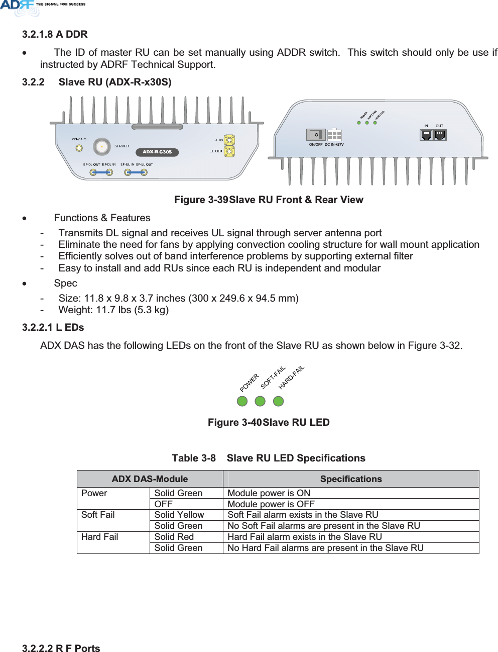 $ &apos;&apos;5x  The ID of master RU can be set manually using ADDR switch.  This switch should only be use if instructed by ADRF Technical Support.  6ODYH58$&apos;;5[6DC IN +27VON/OFFOUTPOWERSOFT FAILHARD FAILIN)LJXUH6ODYH58)URQW5HDU9LHZx Functions &amp; Features -  Transmits DL signal and receives UL signal through server antenna port -  Eliminate the need for fans by applying convection cooling structure for wall mount application -  Efficiently solves out of band interference problems by supporting external filter -  Easy to install and add RUs since each RU is independent and modular x Spec -  Size: 11.8 x 9.8 x 3.7 inches (300 x 249.6 x 94.5 mm) -  Weight: 11.7 lbs (5.3 kg) / (&apos;VADX DAS has the following LEDs on the front of the Slave RU as shown below in Figure 3-32. )LJXUH6ODYH58/(&apos; 7DEOH 6ODYH58/(&apos;6SHFLILFDWLRQV$&apos;;&apos;$60RGXOH 6SHFLILFDWLRQVSolid Green  Module power is ON Power OFF  Module power is OFF Solid Yellow  Soft Fail alarm exists in the Slave RU Soft Fail Solid Green  No Soft Fail alarms are present in the Slave RU Solid Red  Hard Fail alarm exists in the Slave RU Hard Fail Solid Green  No Hard Fail alarms are present in the Slave RU 5 )3RUWV