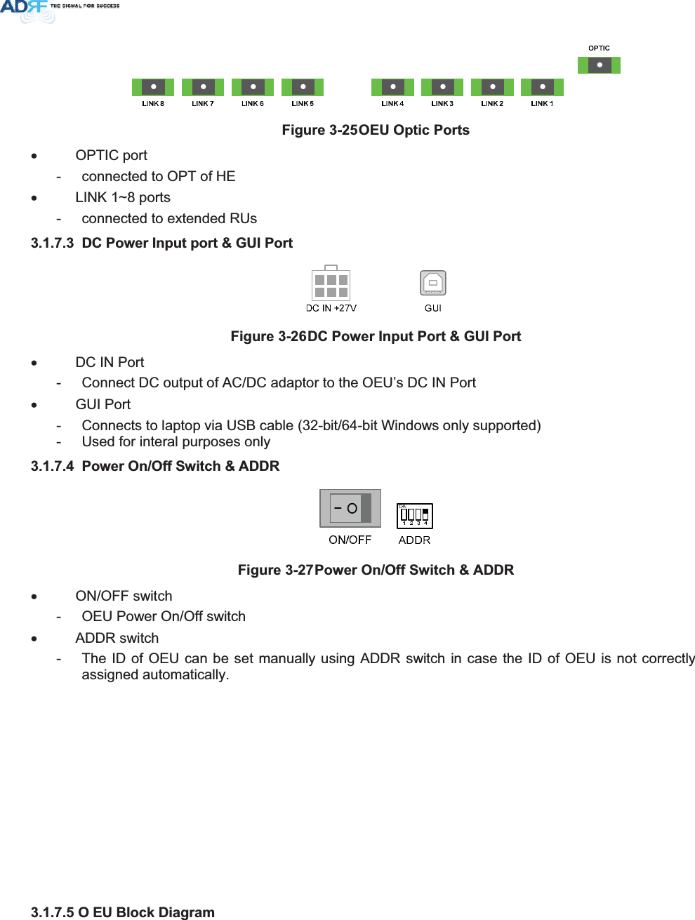 )LJXUH2(82SWLF3RUWVx OPTIC port -  connected to OPT of HE x  LINK 1~8 ports -  connected to extended RUs   &apos;&amp;3RZHU,QSXWSRUW*8,3RUW)LJXUH&apos;&amp;3RZHU,QSXW3RUW*8,3RUWx  DC IN Port -  Connect DC output of AC/DC adaptor to the OEU’s DC IN Port x GUI Port -  Connects to laptop via USB cable (32-bit/64-bit Windows only supported) -  Used for interal purposes only  3RZHU2Q2II6ZLWFK$&apos;&apos;5)LJXUH3RZHU2Q2II6ZLWFK$&apos;&apos;5x ON/OFF switch -  OEU Power On/Off switch x ADDR switch -  The ID of OEU can be set manually using ADDR switch in case the ID of OEU is not correctly assigned automatically. 2 (8%ORFN&apos;LDJUDP