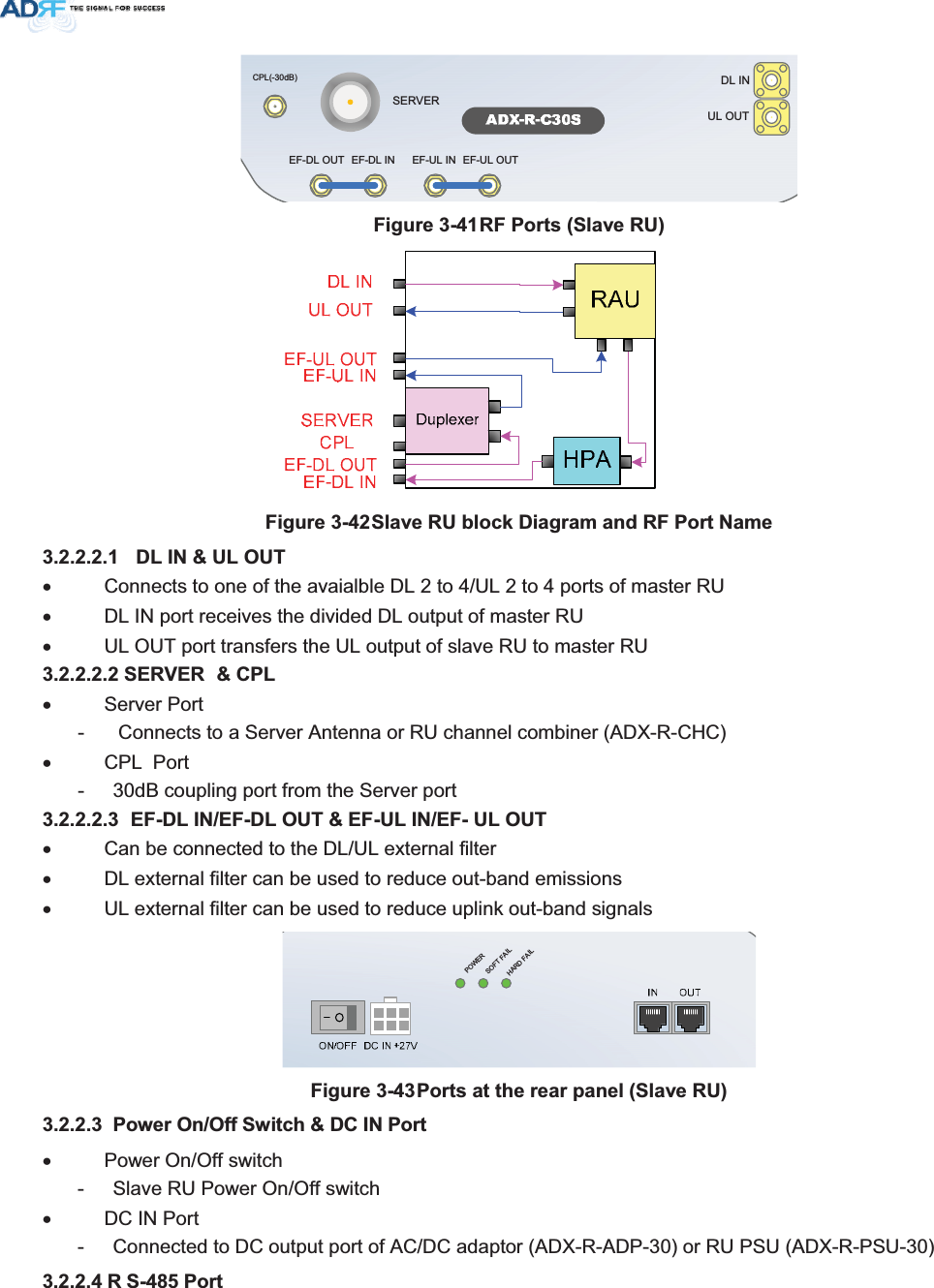 DL INSERVERCPL(-30dB)UL OUTEF-DL OUT EF-DL IN EF-UL IN EF-UL OUT)LJXUH5)3RUWV6ODYH58)LJXUH6ODYH58EORFN&apos;LDJUDPDQG5)3RUW1DPH &apos;/,18/287x  Connects to one of the avaialble DL 2 to 4/UL 2 to 4 ports of master RU x  DL IN port receives the divided DL output of master RU x  UL OUT port transfers the UL output of slave RU to master RU 6(59(5 &amp;3/x Server Port -   Connects to a Server Antenna or RU channel combiner (ADX-R-CHC) x CPL  Port -  30dB coupling port from the Server port  ()&apos;/,1()&apos;/287()8/,1()8/287x  Can be connected to the DL/UL external filter x  DL external filter can be used to reduce out-band emissions x  UL external filter can be used to reduce uplink out-band signals  POWERSOFT FAILHARD FAIL)LJXUH3RUWVDWWKHUHDUSDQHO6ODYH58 3RZHU2Q2II6ZLWFK&apos;&amp;,13RUWx Power On/Off switch -  Slave RU Power On/Off switch x  DC IN Port -  Connected to DC output port of AC/DC adaptor (ADX-R-ADP-30) or RU PSU (ADX-R-PSU-30) 5 63RUW