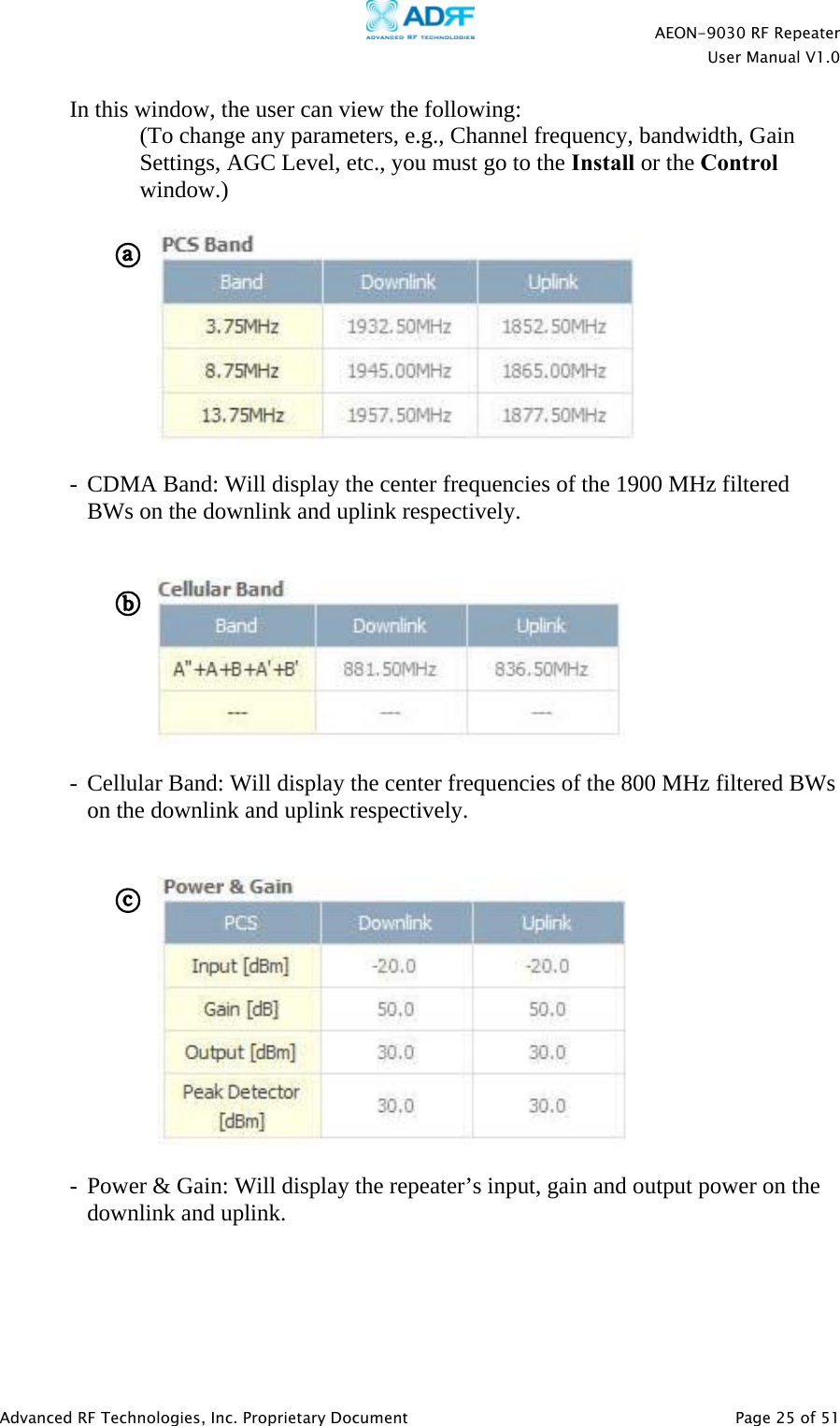    AEON-9030 RF Repeater  User Manual V1.0  Advanced RF Technologies, Inc. Proprietary Document   Page 25 of 51  In this window, the user can view the following: (To change any parameters, e.g., Channel frequency, bandwidth, Gain Settings, AGC Level, etc., you must go to the Install or the Control window.)        - CDMA Band: Will display the center frequencies of the 1900 MHz filtered BWs on the downlink and uplink respectively.           - Cellular Band: Will display the center frequencies of the 800 MHz filtered BWs on the downlink and uplink respectively.           - Power &amp; Gain: Will display the repeater’s input, gain and output power on the downlink and uplink.     