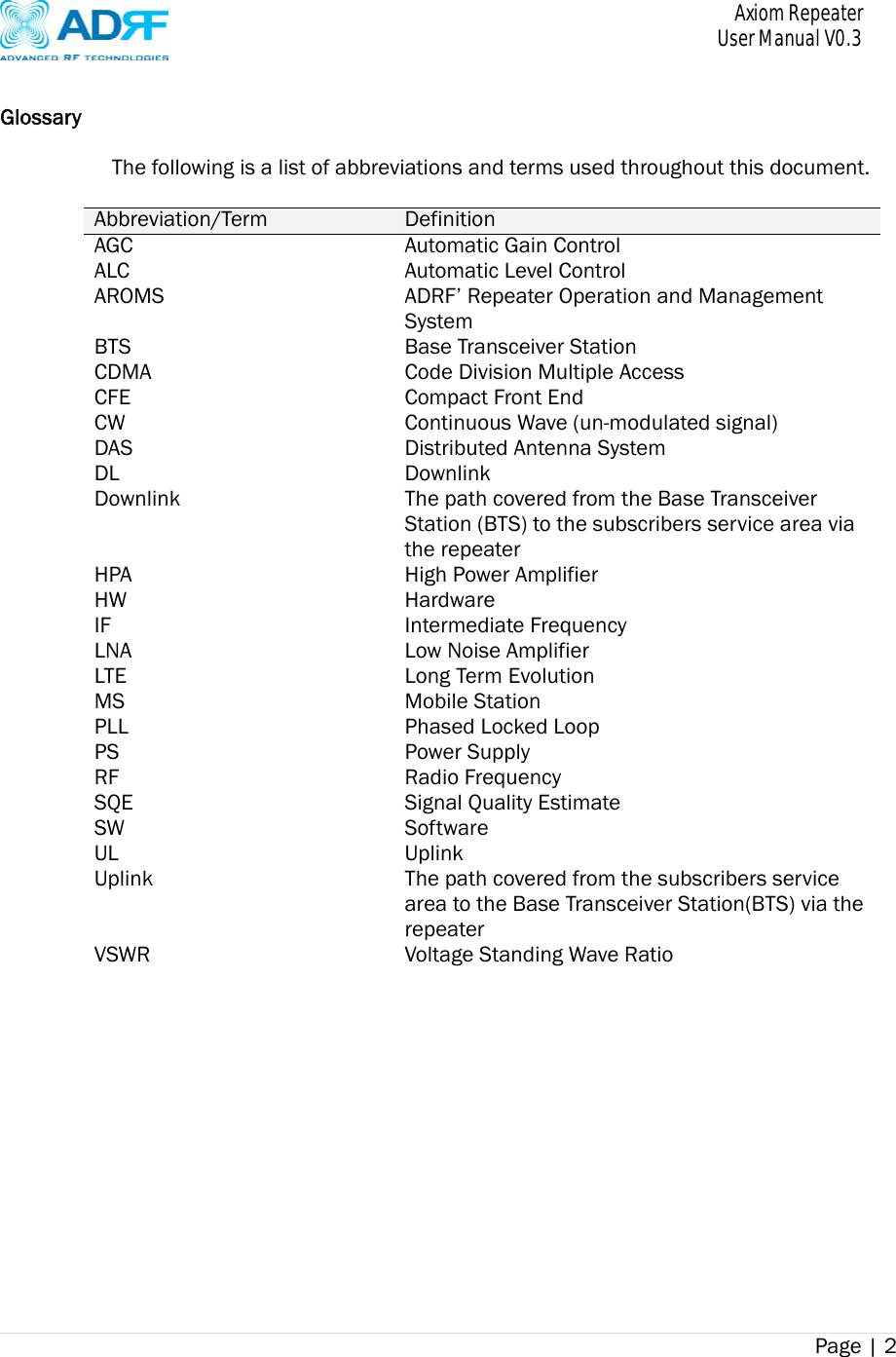       Axiom Repeater     User Manual V0.3 Page | 2     Glossary The following is a list of abbreviations and terms used throughout this document.  Abbreviation/Term  DefinitionAGC Automatic Gain ControlALC  Automatic Level ControlAROMS  ADRF’ Repeater Operation and Management System BTS  Base Transceiver StationCDMA  Code Division Multiple AccessCFE  Compact Front EndCW  Continuous Wave (un-modulated signal) DAS  Distributed Antenna SystemDL DownlinkDownlink  The path covered from the Base Transceiver Station (BTS) to the subscribers service area via the repeater HPA  High Power AmplifierHW HardwareIF Intermediate FrequencyLNA LTE Low Noise AmplifierLong Term Evolution MS Mobile Station PLL  Phased Locked LoopPS Power SupplyRF Radio FrequencySQE  Signal Quality EstimateSW SoftwareUL UplinkUplink  The path covered from the subscribers service area to the Base Transceiver Station(BTS) via the repeater  VSWR  Voltage Standing Wave Ratio 
