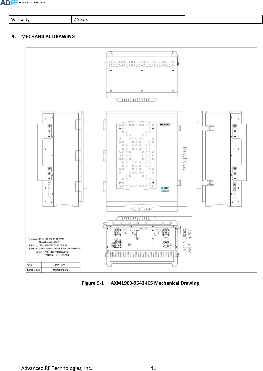  Warranty 2 Years     9. MECHANICAL DRAWING  Figure 9-1  AXM1900-9543-ICS Mechanical Drawing    Advanced RF Technologies, Inc.       41    
