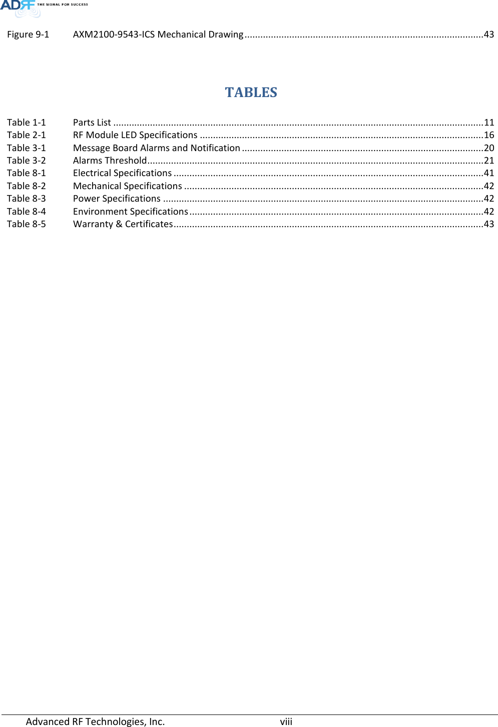  Figure 9-1 AXM2100-9543-ICS Mechanical Drawing ........................................................................................... 43   TABLES Table 1-1 Parts List ............................................................................................................................................. 11 Table 2-1 RF Module LED Specifications ............................................................................................................ 16 Table 3-1 Message Board Alarms and Notification ............................................................................................ 20 Table 3-2 Alarms Threshold ................................................................................................................................ 21 Table 8-1 Electrical Specifications ...................................................................................................................... 41 Table 8-2 Mechanical Specifications .................................................................................................................. 42 Table 8-3 Power Specifications .......................................................................................................................... 42 Table 8-4 Environment Specifications ................................................................................................................ 42 Table 8-5 Warranty &amp; Certificates ...................................................................................................................... 43   Advanced RF Technologies, Inc.       viii    