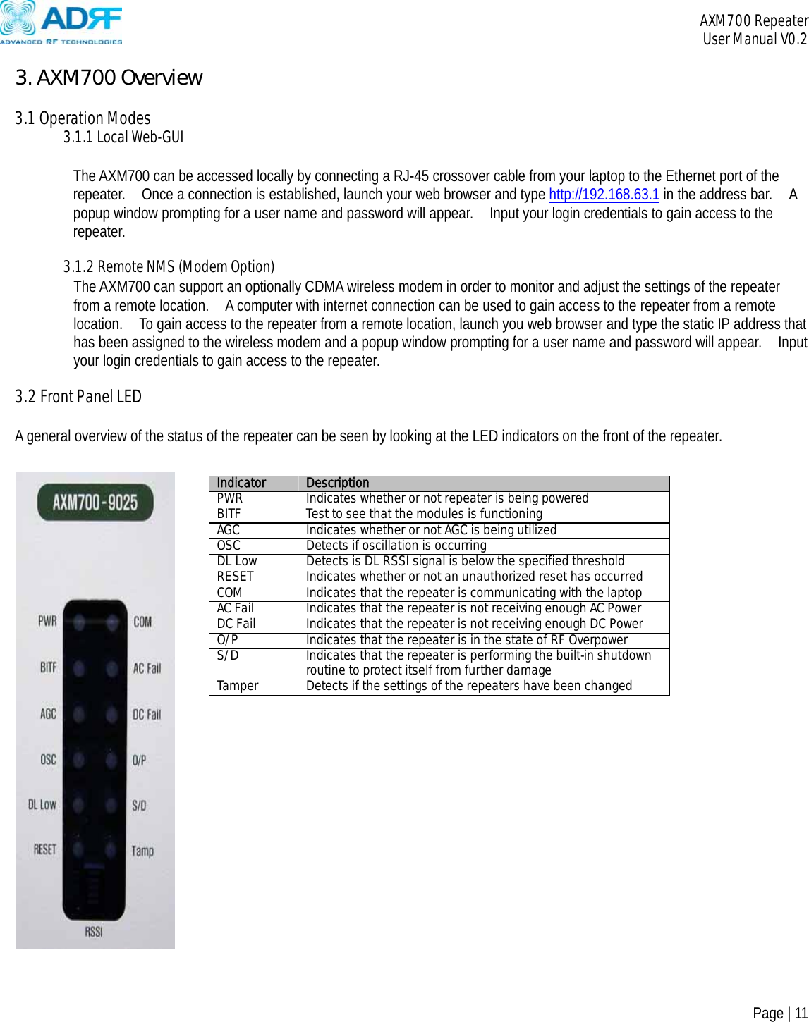 AXM700 Repeater     User Manual V0.2  Page | 11    3. AXM700 Overview  3.1 Operation Modes 3.1.1 Local Web-GUI  The AXM700 can be accessed locally by connecting a RJ-45 crossover cable from your laptop to the Ethernet port of the repeater.    Once a connection is established, launch your web browser and type http://192.168.63.1 in the address bar.    A popup window prompting for a user name and password will appear.    Input your login credentials to gain access to the repeater.    3.1.2 Remote NMS (Modem Option) The AXM700 can support an optionally CDMA wireless modem in order to monitor and adjust the settings of the repeater from a remote location.    A computer with internet connection can be used to gain access to the repeater from a remote location.    To gain access to the repeater from a remote location, launch you web browser and type the static IP address that has been assigned to the wireless modem and a popup window prompting for a user name and password will appear.    Input your login credentials to gain access to the repeater.  3.2 Front Panel LED  A general overview of the status of the repeater can be seen by looking at the LED indicators on the front of the repeater.       Indicator  DescriptionPWR  Indicates whether or not repeater is being poweredBITF  Test to see that the modules is functioningAGC  Indicates whether or not AGC is being utilizedOSC  Detects if oscillation is occurringDL Low  Detects is DL RSSI signal is below the specified threshold RESET  Indicates whether or not an unauthorized reset has occurred COM  Indicates that the repeater is communicating with the laptop AC Fail  Indicates that the repeater is not receiving enough AC Power DC Fail  Indicates that the repeater is not receiving enough DC Power O/P  Indicates that the repeater is in the state of RF Overpower S/D  Indicates that the repeater is performing the built-in shutdown routine to protect itself from further damage Tamper  Detects if the settings of the repeaters have been changed 
