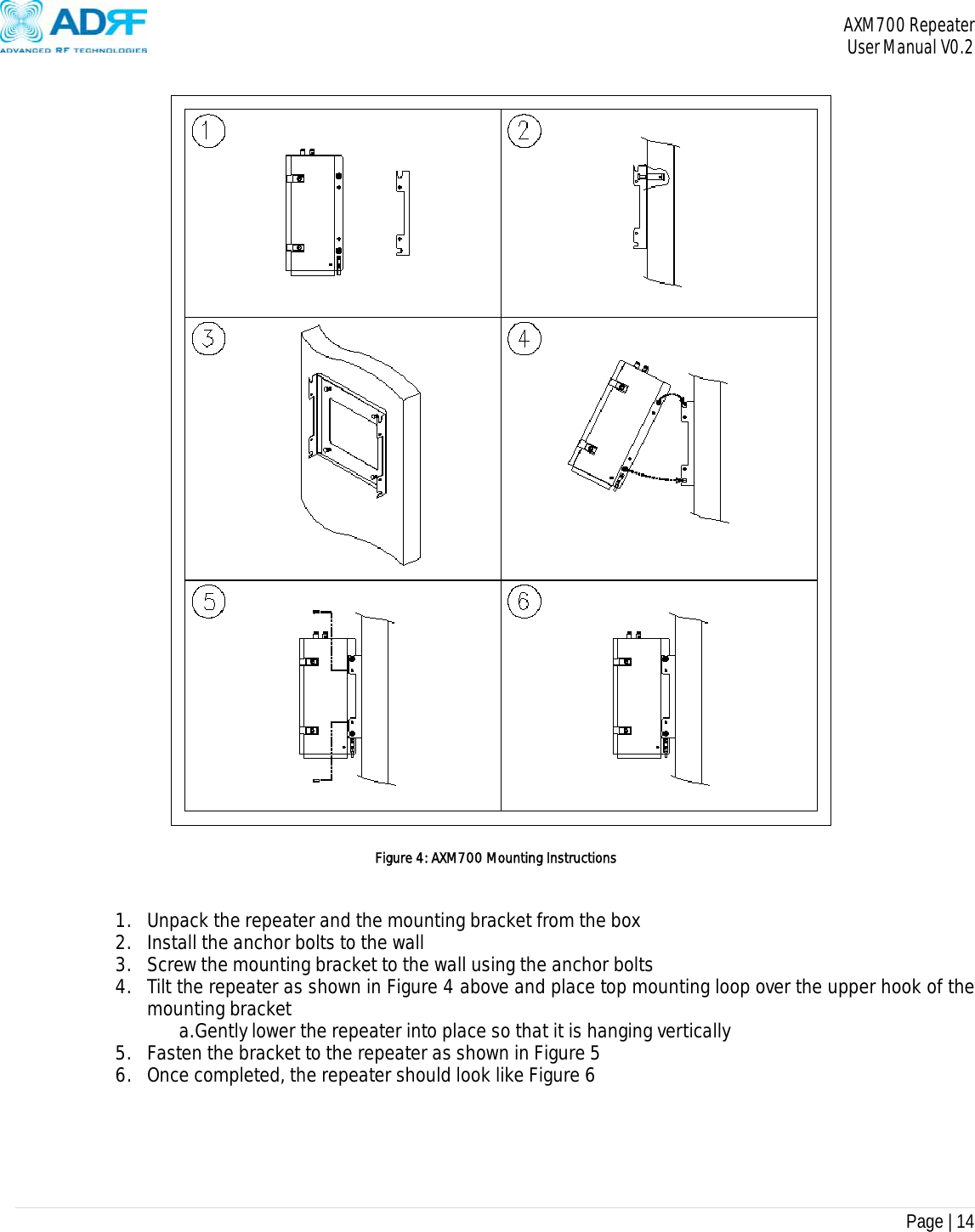 AXM700 Repeater     User Manual V0.2  Page | 14      Figure 4: AXM700 Mounting Instructions   1. Unpack the repeater and the mounting bracket from the box 2. Install the anchor bolts to the wall 3. Screw the mounting bracket to the wall using the anchor bolts 4. Tilt the repeater as shown in Figure 4 above and place top mounting loop over the upper hook of the mounting bracket a. Gently lower the repeater into place so that it is hanging vertically 5. Fasten the bracket to the repeater as shown in Figure 5 6. Once completed, the repeater should look like Figure 6     