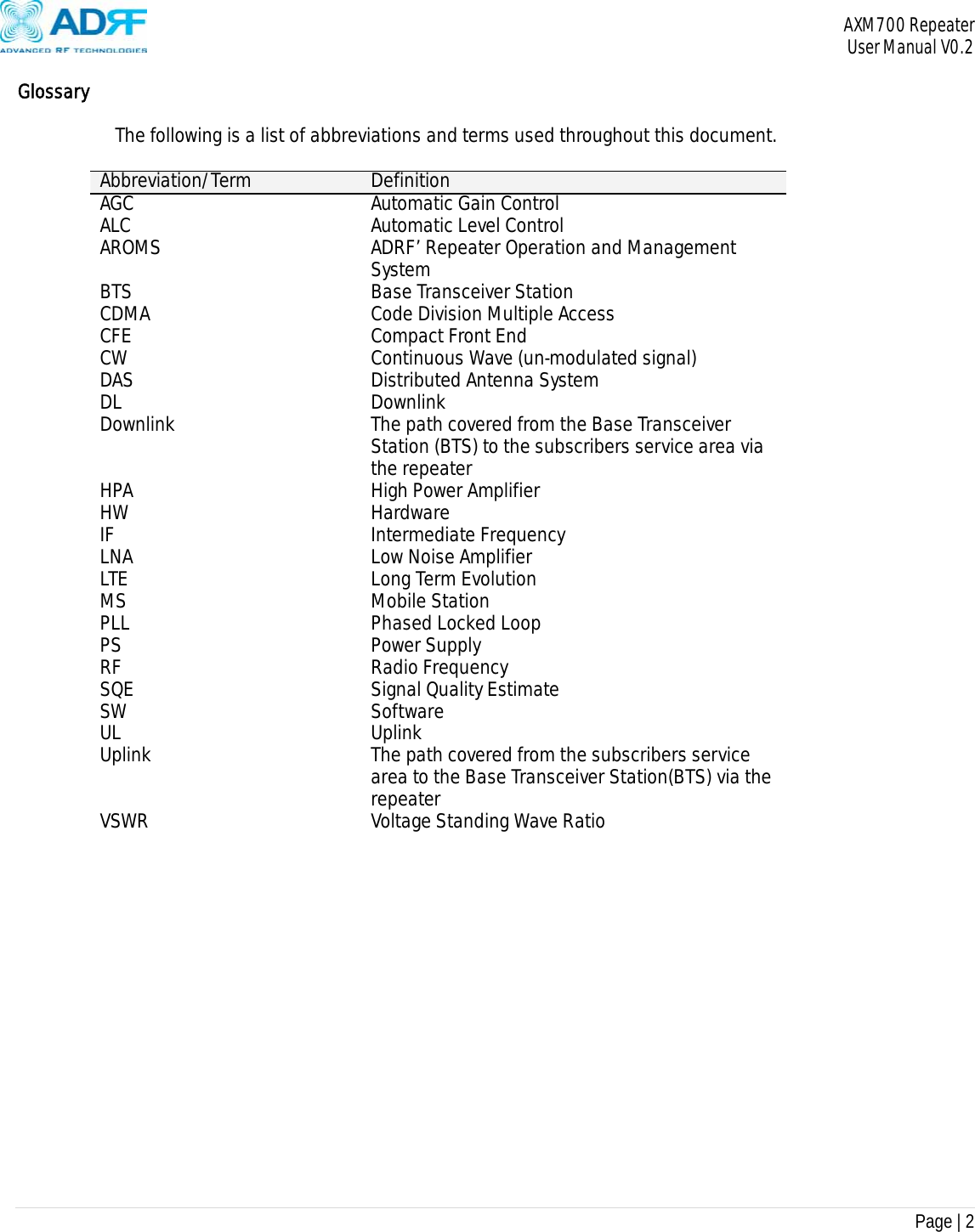 AXM700 Repeater     User Manual V0.2  Page | 2    Glossary The following is a list of abbreviations and terms used throughout this document.  Abbreviation/Term  DefinitionAGC Automatic Gain ControlALC  Automatic Level ControlAROMS  ADRF’ Repeater Operation and Management System BTS  Base Transceiver StationCDMA  Code Division Multiple AccessCFE  Compact Front EndCW  Continuous Wave (un-modulated signal)DAS  Distributed Antenna SystemDL DownlinkDownlink  The path covered from the Base Transceiver Station (BTS) to the subscribers service area via the repeater HPA  High Power AmplifierHW HardwareIF Intermediate FrequencyLNA LTE  Low Noise AmplifierLong Term Evolution MS Mobile Station PLL  Phased Locked LoopPS Power SupplyRF Radio FrequencySQE  Signal Quality EstimateSW SoftwareUL UplinkUplink  The path covered from the subscribers service area to the Base Transceiver Station(BTS) via the repeater  VSWR  Voltage Standing Wave Ratio 