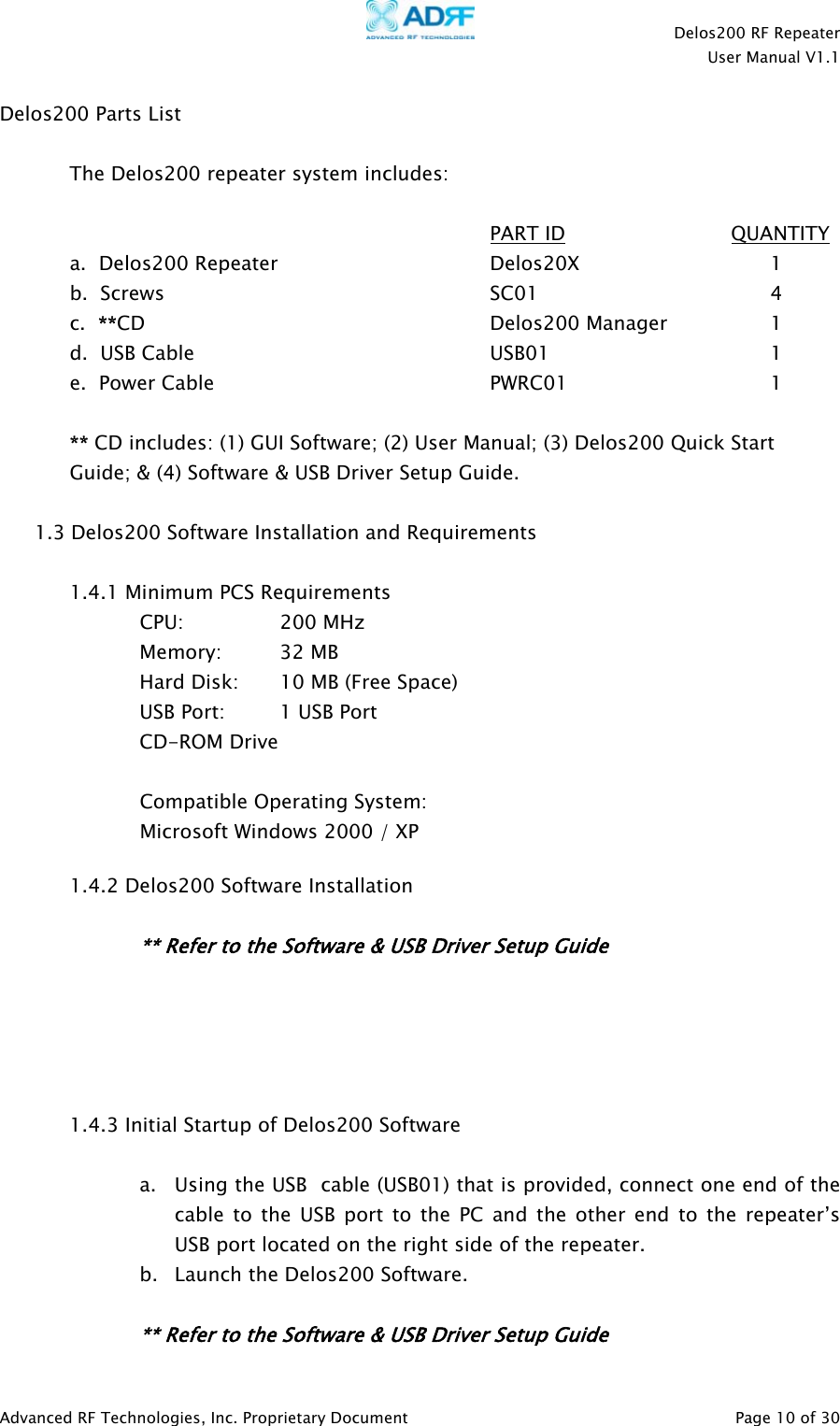    Delos200 RF Repeater  User Manual V1.1  Advanced RF Technologies, Inc. Proprietary Document   Page 10 of 30  Delos200 Parts List  The Delos200 repeater system includes:        PART ID              QUANTITY a.  Delos200 Repeater    Delos20X   1  b.  Screws      SC01    4 c.  **CD     Delos200 Manager  1 d.  USB Cable     USB01    1  e.  Power Cable    PWRC01   1  ** CD includes: (1) GUI Software; (2) User Manual; (3) Delos200 Quick Start Guide; &amp; (4) Software &amp; USB Driver Setup Guide.  1.3 Delos200 Software Installation and Requirements  1.4.1 Minimum PCS Requirements CPU:     200 MHz   Memory: 32 MB     Hard Disk:  10 MB (Free Space)     USB Port:    1 USB Port   CD-ROM Drive   Compatible Operating System: Microsoft Windows 2000 / XP   1.4.2 Delos200 Software Installation  ** Refer to the Software &amp; USB Driver Setup Guide      1.4.3 Initial Startup of Delos200 Software    a. Using the USB  cable (USB01) that is provided, connect one end of the cable to the USB port to the PC and the other end to the repeater’s USB port located on the right side of the repeater. b. Launch the Delos200 Software.  ** Refer to the Software &amp; USB Driver Setup Guide 