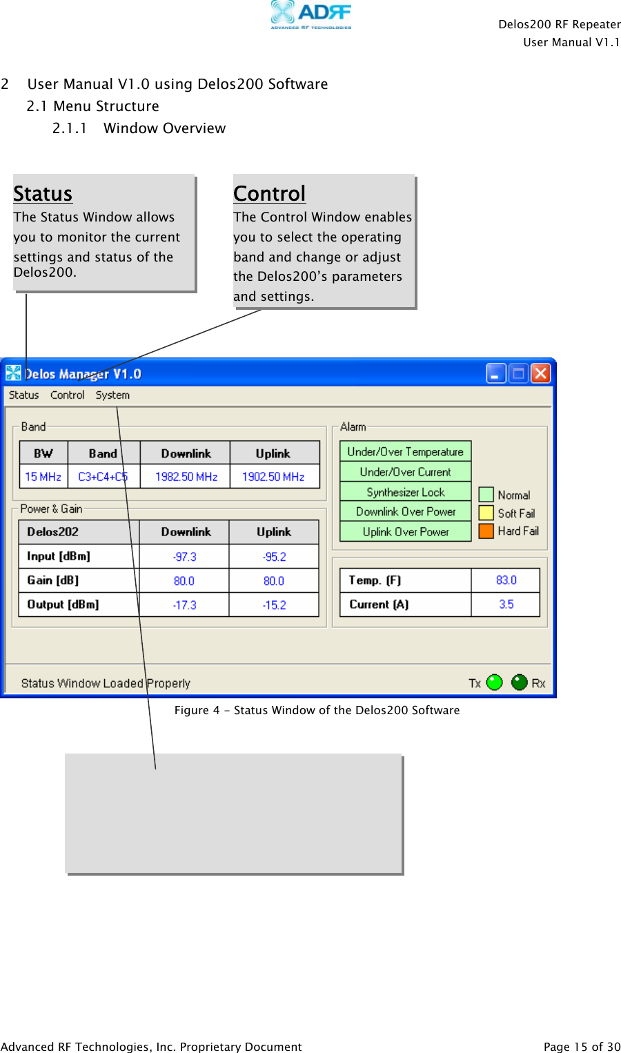    Delos200 RF Repeater  User Manual V1.1  Advanced RF Technologies, Inc. Proprietary Document   Page 15 of 30  2 User Manual V1.0 using Delos200 Software  2.1 Menu Structure 2.1.1 Window Overview                        Status The Status Window allows you to monitor the current settings and status of the Delos200.  Control The Control Window enablesyou to select the operating band and change or adjust the Delos200’s parameters and settings.  Figure 4 - Status Window of the Delos200 Software 