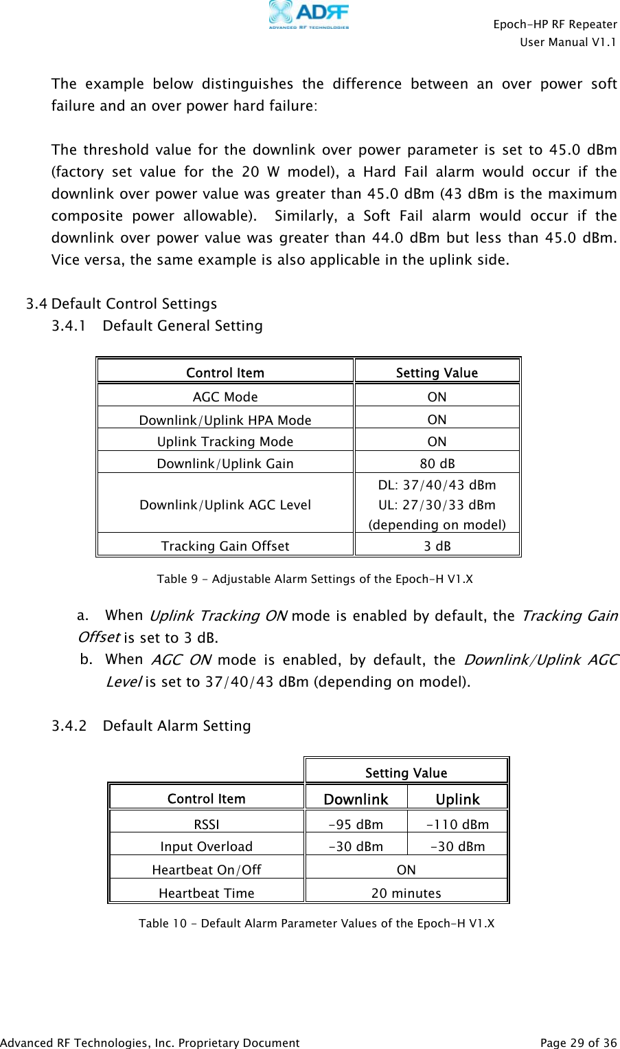    Epoch-HP RF Repeater  User Manual V1.1  Advanced RF Technologies, Inc. Proprietary Document   Page 29 of 36  The example below distinguishes the difference between an over power soft failure and an over power hard failure:  The threshold value for the downlink over power parameter is set to 45.0 dBm (factory set value for the 20 W model), a Hard Fail alarm would occur if the downlink over power value was greater than 45.0 dBm (43 dBm is the maximum composite power allowable).  Similarly, a Soft Fail alarm would occur if the downlink over power value was greater than 44.0 dBm but less than 45.0 dBm.  Vice versa, the same example is also applicable in the uplink side.  3.4 Default Control Settings 3.4.1 Default General Setting  Control Item  Setting Value AGC Mode  ON Downlink/Uplink HPA Mode   ON Uplink Tracking Mode  ON Downlink/Uplink Gain  80 dB Downlink/Uplink AGC Level DL: 37/40/43 dBm UL: 27/30/33 dBm (depending on model) Tracking Gain Offset  3 dB   a.   When Uplink Tracking ON mode is enabled by default, the Tracking Gain Offset is set to 3 dB. b. When AGC ON mode is enabled, by default, the Downlink/Uplink AGC Level is set to 37/40/43 dBm (depending on model).  3.4.2 Default Alarm Setting   Setting Value Control Item  Downlink Uplink RSSI   -95 dBm  -110 dBm Input Overload  -30 dBm  -30 dBm Heartbeat On/Off  ON Heartbeat Time  20 minutes     Table 10 - Default Alarm Parameter Values of the Epoch-H V1.X Table 9 - Adjustable Alarm Settings of the Epoch-H V1.X