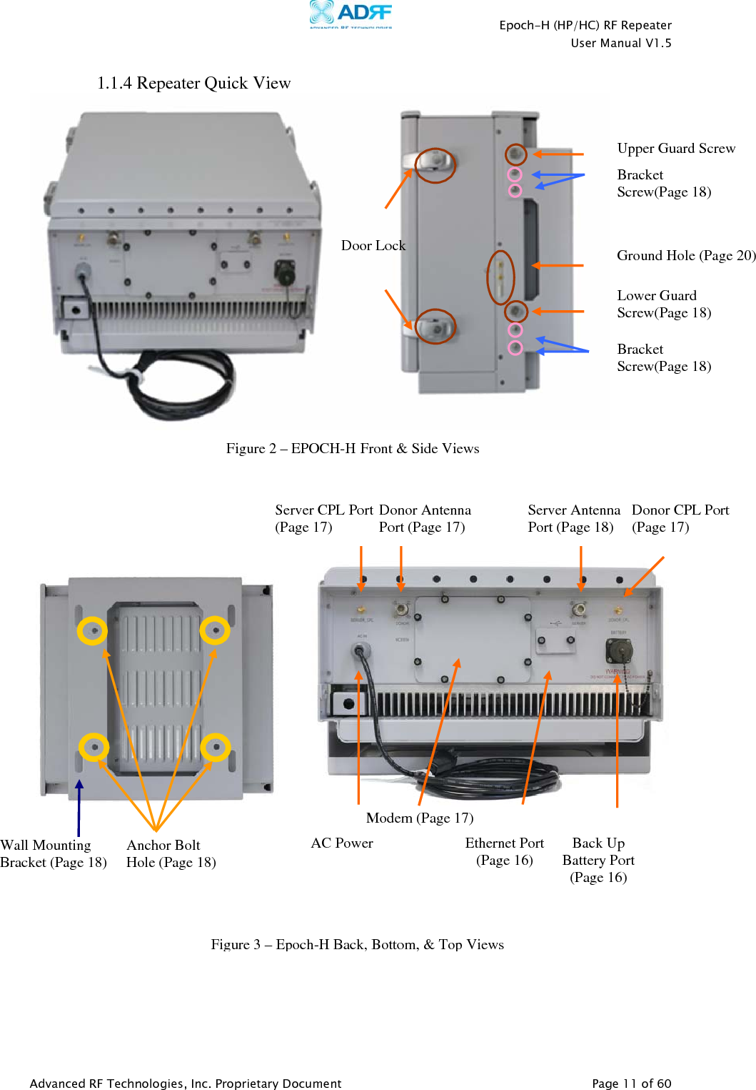    Epoch-H (HP/HC) RF Repeater  User Manual V1.5  Advanced RF Technologies, Inc. Proprietary Document   Page 11 of 60   1.1.4 Repeater Quick View                         Upper Guard ScrewBracket Screw(Page 18) Ground Hole (Page 20)Lower Guard Screw(Page 18) Bracket Screw(Page 18) Anchor Bolt Hole (Page 18) Wall Mounting Bracket (Page 18) Figure 2 – EPOCH-H Front &amp; Side Views Donor Antenna Port (Page 17)  Server Antenna Port (Page 18) Server CPL Port (Page 17)  Donor CPL Port (Page 17) Back Up Battery Port (Page 16) AC Power  Modem (Page 17)Ethernet Port (Page 16) Figure 3 –Epoch-H Back, Bottom, &amp;Top ViewsDoor Lock 