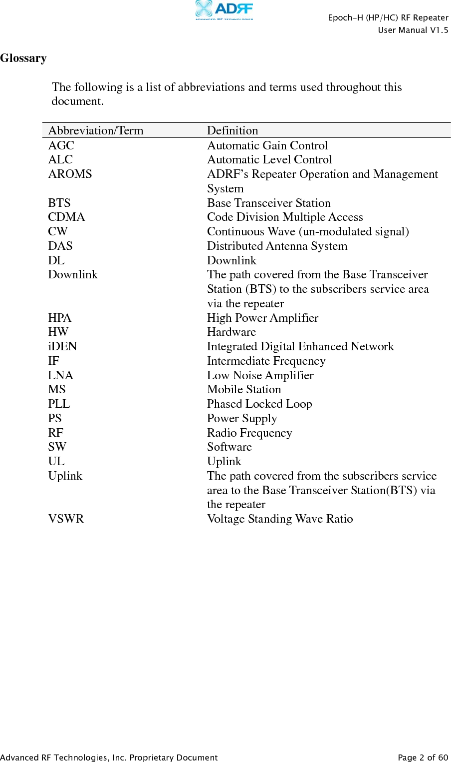    Epoch-H (HP/HC) RF Repeater  User Manual V1.5  Advanced RF Technologies, Inc. Proprietary Document   Page 2 of 60   Glossary The following is a list of abbreviations and terms used throughout this document.  Abbreviation/Term  Definition AGC Automatic Gain Control ALC  Automatic Level Control AROMS  ADRF’s Repeater Operation and Management System BTS Base Transceiver Station CDMA  Code Division Multiple Access CW Continuous Wave (un-modulated signal) DAS Distributed Antenna System DL Downlink Downlink  The path covered from the Base Transceiver Station (BTS) to the subscribers service area via the repeater HPA High Power Amplifier HW Hardware iDEN  Integrated Digital Enhanced Network IF Intermediate Frequency LNA Low Noise Amplifier MS  Mobile Station  PLL  Phased Locked Loop PS Power Supply RF Radio Frequency SW Software UL Uplink Uplink  The path covered from the subscribers service area to the Base Transceiver Station(BTS) via the repeater  VSWR  Voltage Standing Wave Ratio  