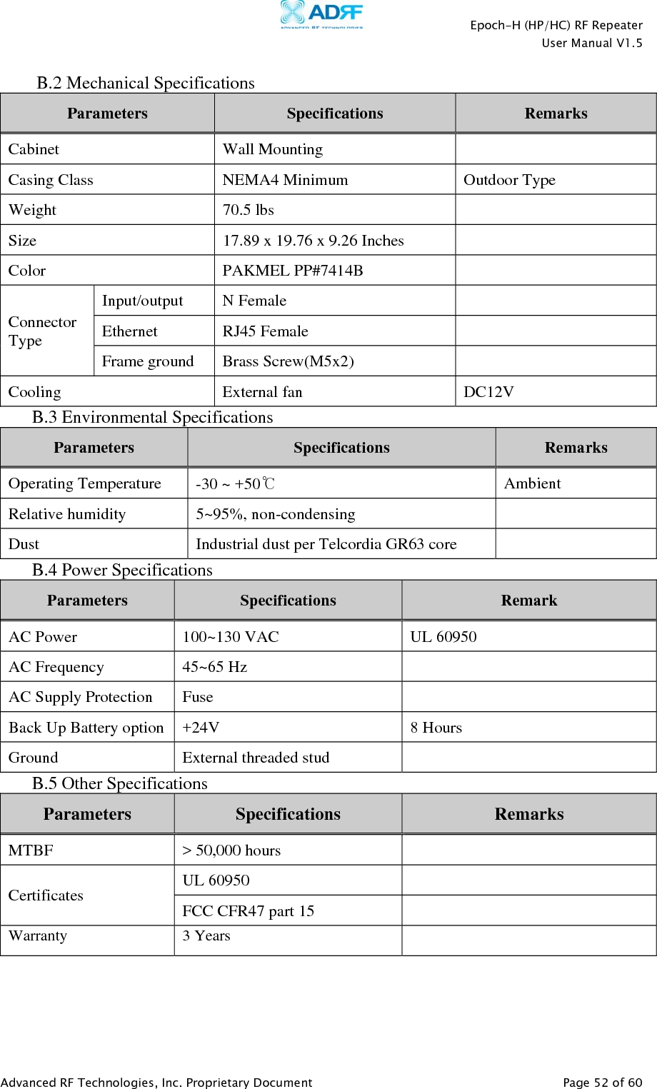    Epoch-H (HP/HC) RF Repeater  User Manual V1.5  Advanced RF Technologies, Inc. Proprietary Document   Page 52 of 60    B.2 Mechanical Specifications Parameters  Specifications  Remarks Cabinet Wall Mounting  Casing Class  NEMA4 Minimum  Outdoor Type Weight 70.5 lbs   Size  17.89 x 19.76 x 9.26 Inches   Color PAKMEL PP#7414B  Connector Type Input/output N Female   Ethernet RJ45 Female   Frame ground  Brass Screw(M5x2)   Cooling External fan DC12V B.3 Environmental Specifications Parameters  Specifications  Remarks Operating Temperature  -30 ~ +50℃ Ambient Relative humidity  5~95%, non-condensing  Dust  Industrial dust per Telcordia GR63 core   B.4 Power Specifications Parameters  Specifications  Remark AC Power  100~130 VAC  UL 60950 AC Frequency  45~65 Hz   AC Supply Protection  Fuse   Back Up Battery option  +24V  8 Hours Ground  External threaded stud   B.5 Other Specifications Parameters  Specifications  Remarks MTBF  &gt; 50,000 hours   Certificates  UL 60950   FCC CFR47 part 15   Warranty 3 Years    