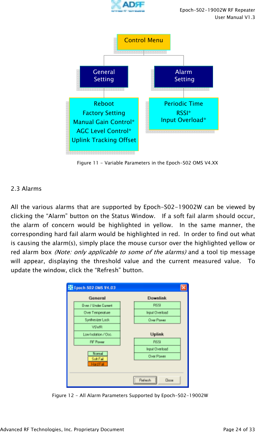    Epoch-S02-19002W RF Repeater  User Manual V1.3  Advanced RF Technologies, Inc. Proprietary Document   Page 24 of 33    2.3 Alarms  All the various alarms that are supported by Epoch-S02-19002W can be viewed by clicking the “Alarm” button on the Status Window.   If a soft fail alarm should occur, the alarm of concern would be highlighted in yellow.  In the same manner, the corresponding hard fail alarm would be highlighted in red.  In order to find out what is causing the alarm(s), simply place the mouse cursor over the highlighted yellow or red alarm box (Note: only applicable to some of the alarms) and a tool tip message will appear, displaying the threshold value and the current measured value.  To update the window, click the “Refresh” button.      Control MenuGeneral  Setting Alarm   Setting Reboot Factory Setting Manual Gain Control*AGC Level Control* Uplink Tracking OffsetPeriodic Time RSSI* Input Overload* Figure 11 - Variable Parameters in the Epoch-S02 OMS V4.XX Figure 12 - All Alarm Parameters Supported by Epoch-S02-19002W 