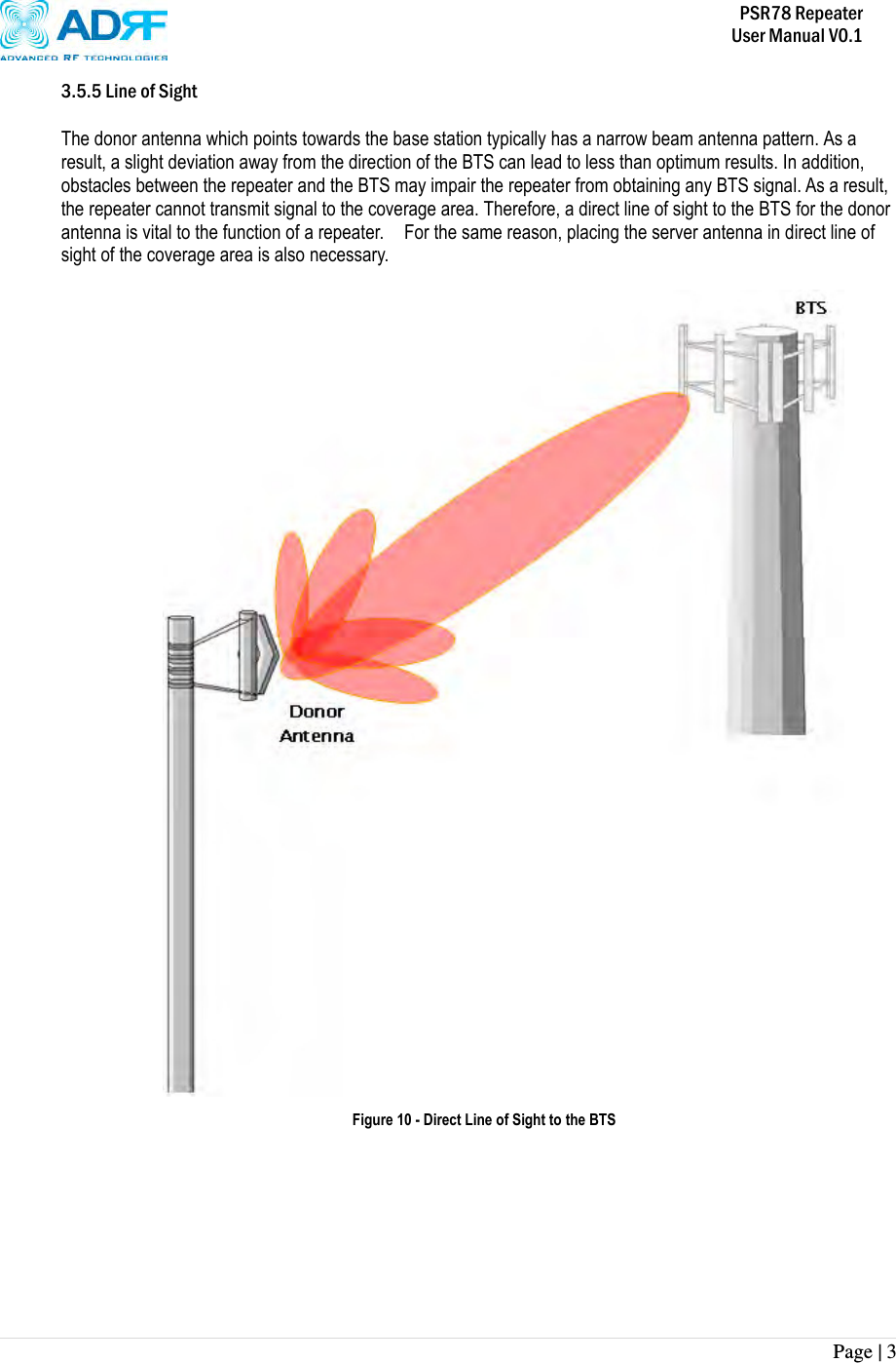           PSR78 Repeater     User Manual V0.1 Page | 3    3.5.5 Line of Sight  The donor antenna which points towards the base station typically has a narrow beam antenna pattern. As a result, a slight deviation away from the direction of the BTS can lead to less than optimum results. In addition, obstacles between the repeater and the BTS may impair the repeater from obtaining any BTS signal. As a result, the repeater cannot transmit signal to the coverage area. Therefore, a direct line of sight to the BTS for the donor antenna is vital to the function of a repeater.    For the same reason, placing the server antenna in direct line of sight of the coverage area is also necessary.       Figure 10 - Direct Line of Sight to the BTS  