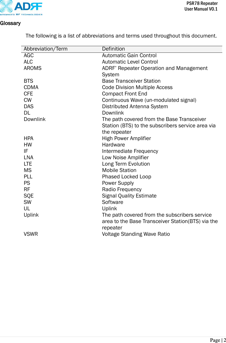           PSR78 Repeater     User Manual V0.1 Page | 2    Glossary The following is a list of abbreviations and terms used throughout this document.  Abbreviation/Term Definition AGC Automatic Gain Control ALC Automatic Level Control AROMS ADRF’ Repeater Operation and Management System BTS Base Transceiver Station CDMA Code Division Multiple Access CFE Compact Front End CW Continuous Wave (un-modulated signal) DAS Distributed Antenna System DL Downlink Downlink The path covered from the Base Transceiver Station (BTS) to the subscribers service area via the repeater HPA High Power Amplifier HW Hardware IF Intermediate Frequency LNA LTE Low Noise Amplifier Long Term Evolution MS Mobile Station   PLL Phased Locked Loop PS Power Supply RF Radio Frequency SQE Signal Quality Estimate SW Software UL Uplink Uplink The path covered from the subscribers service area to the Base Transceiver Station(BTS) via the repeater   VSWR Voltage Standing Wave Ratio  