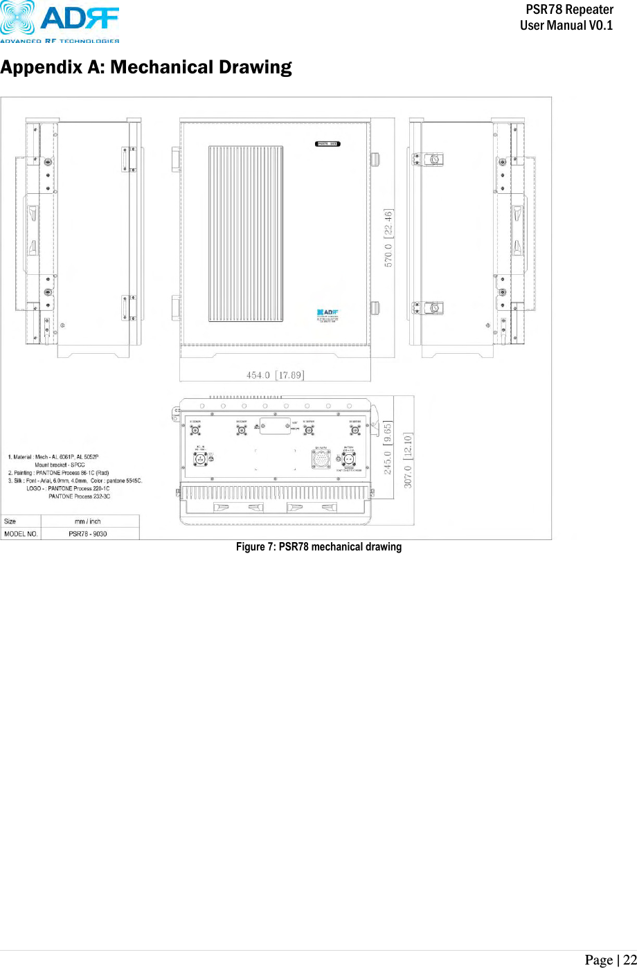           PSR78 Repeater     User Manual V0.1 Page | 22    Appendix A: Mechanical Drawing   Figure 7: PSR78 mechanical drawing   