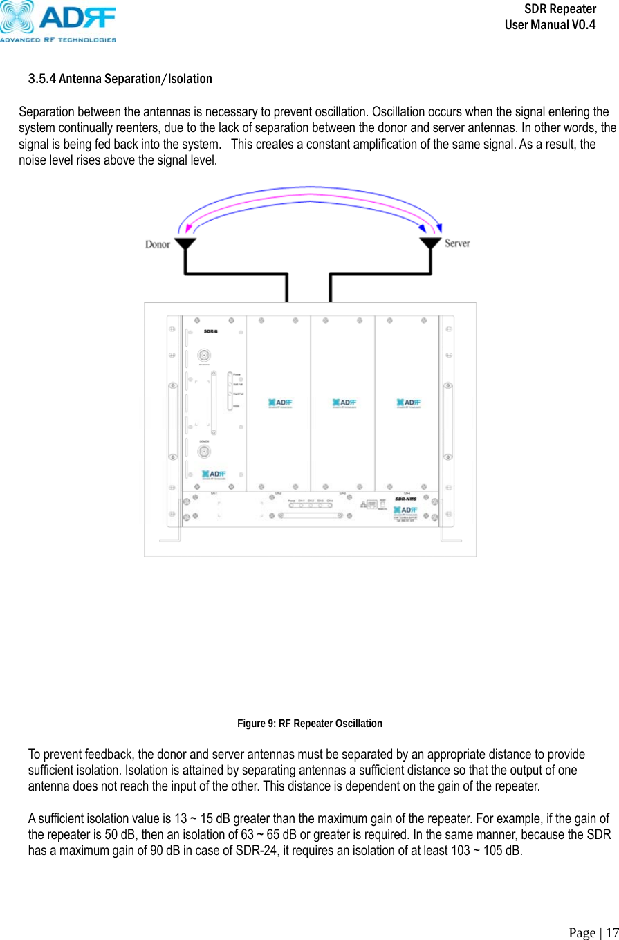       SDR Repeater   User Manual V0.4 Page | 17    3.5.4 Antenna Separation/Isolation  Separation between the antennas is necessary to prevent oscillation. Oscillation occurs when the signal entering the system continually reenters, due to the lack of separation between the donor and server antennas. In other words, the signal is being fed back into the system.  This creates a constant amplification of the same signal. As a result, the noise level rises above the signal level.              Figure 9: RF Repeater Oscillation  To prevent feedback, the donor and server antennas must be separated by an appropriate distance to provide sufficient isolation. Isolation is attained by separating antennas a sufficient distance so that the output of one antenna does not reach the input of the other. This distance is dependent on the gain of the repeater.   A sufficient isolation value is 13 ~ 15 dB greater than the maximum gain of the repeater. For example, if the gain of the repeater is 50 dB, then an isolation of 63 ~ 65 dB or greater is required. In the same manner, because the SDR has a maximum gain of 90 dB in case of SDR-24, it requires an isolation of at least 103 ~ 105 dB.  