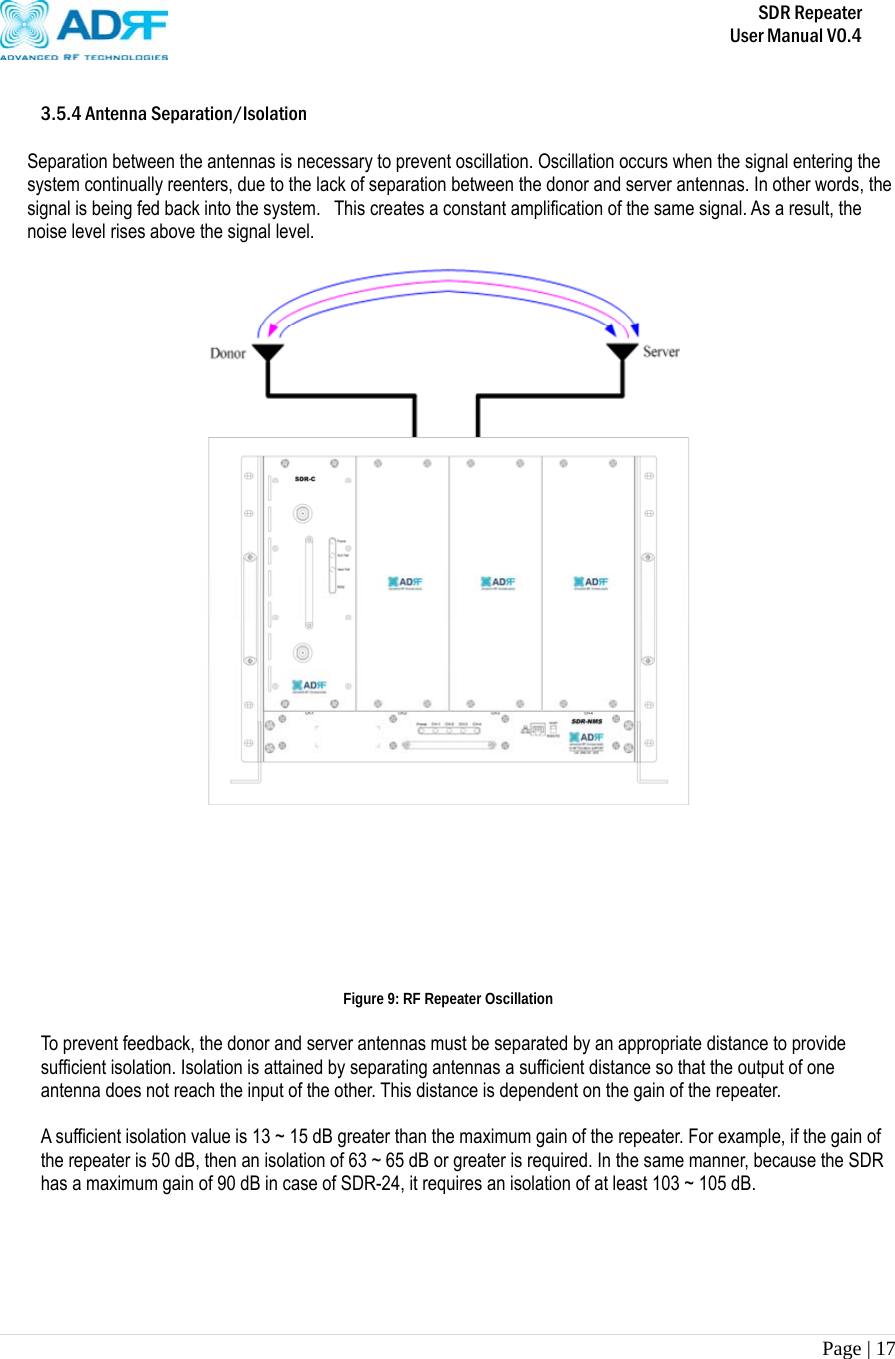       SDR Repeater   User Manual V0.4 Page | 17    3.5.4 Antenna Separation/Isolation  Separation between the antennas is necessary to prevent oscillation. Oscillation occurs when the signal entering the system continually reenters, due to the lack of separation between the donor and server antennas. In other words, the signal is being fed back into the system.  This creates a constant amplification of the same signal. As a result, the noise level rises above the signal level.            Figure 9: RF Repeater Oscillation  To prevent feedback, the donor and server antennas must be separated by an appropriate distance to provide sufficient isolation. Isolation is attained by separating antennas a sufficient distance so that the output of one antenna does not reach the input of the other. This distance is dependent on the gain of the repeater.   A sufficient isolation value is 13 ~ 15 dB greater than the maximum gain of the repeater. For example, if the gain of the repeater is 50 dB, then an isolation of 63 ~ 65 dB or greater is required. In the same manner, because the SDR has a maximum gain of 90 dB in case of SDR-24, it requires an isolation of at least 103 ~ 105 dB.  