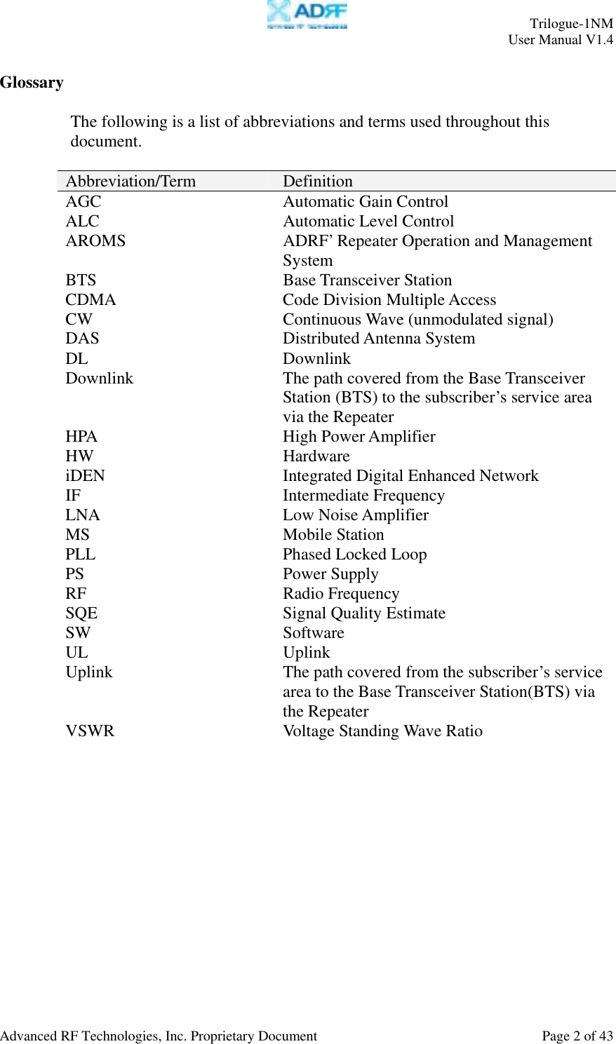     Trilogue-1NM User Manual V1.4  Advanced RF Technologies, Inc. Proprietary Document  Page 2 of 43  Glossary  The following is a list of abbreviations and terms used throughout this document.  Abbreviation/Term  Definition AGC  Automatic Gain Control ALC Automatic Level Control AROMS  ADRF’ Repeater Operation and Management System BTS Base Transceiver Station CDMA Code Division Multiple Access CW Continuous Wave (unmodulated signal) DAS Distributed Antenna System DL Downlink Downlink  The path covered from the Base Transceiver Station (BTS) to the subscriber’s service area via the Repeater HPA High Power Amplifier HW Hardware iDEN  Integrated Digital Enhanced Network IF Intermediate Frequency LNA Low Noise Amplifier MS Mobile Station  PLL Phased Locked Loop PS Power Supply RF Radio Frequency SQE  Signal Quality Estimate SW Software UL Uplink Uplink  The path covered from the subscriber’s service area to the Base Transceiver Station(BTS) via the Repeater  VSWR  Voltage Standing Wave Ratio   