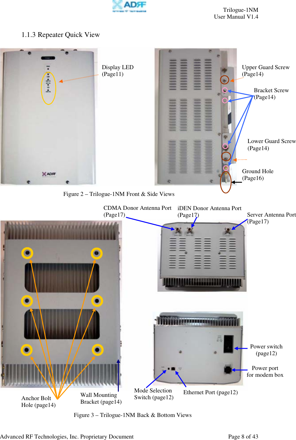     Trilogue-1NM User Manual V1.4  Advanced RF Technologies, Inc. Proprietary Document  Page 8 of 43  1.1.3 Repeater Quick View           Lower Guard Screw(Page14) Bracket Screw (Page14) Ground Hole (Page16) Power port for modem boxPower switch(page12) Server Antenna Port(Page17) Figure 3 – Trilogue-1NM Back &amp; Bottom Views Display LED (Page11)  Upper Guard Screw(Page14) Wall Mounting Bracket (page14)Anchor Bolt Hole (page14) Ethernet Port (page12) Mode Selection Switch (page12)CDMA Donor Antenna Port(Page17)  iDEN Donor Antenna Port (Page17) Figure 2 – Trilogue-1NM Front &amp; Side Views 