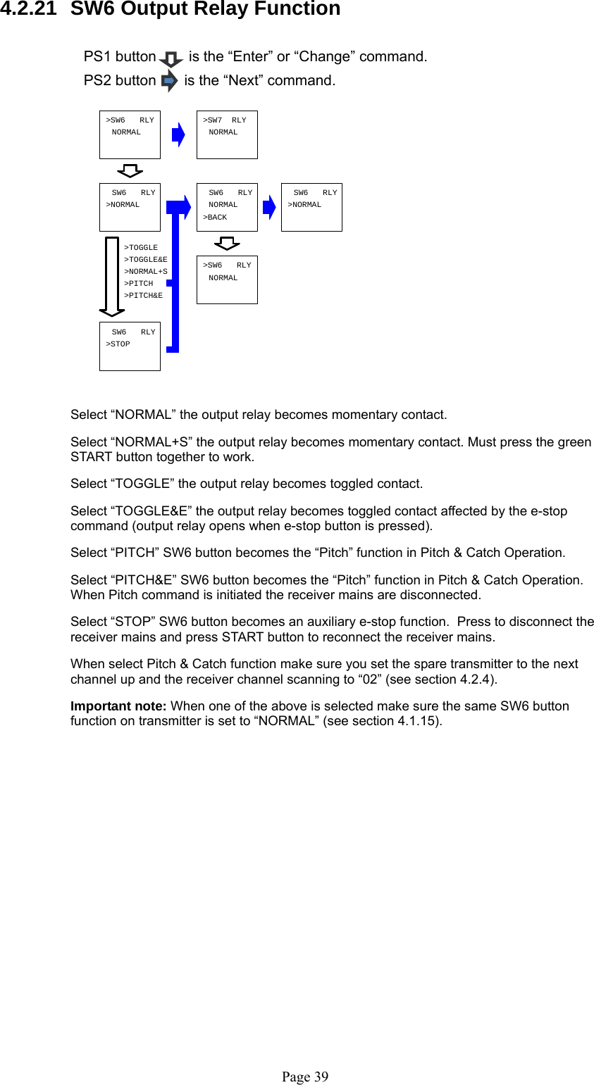   Page 39&gt;SW6   RLYNORMAL&gt;SW6   RLY&gt;NORMAL&gt;NORMAL+SSW6   RLY&gt;NORMAL&gt;SW7  RLY&gt;TOGGLE&amp;ENORMAL&gt;TOGGLE&gt;PITCH NORMALSW6   RLY&gt;STOPSW6   RLYNORMAL&gt;PITCH&amp;E&gt;BACKSW6   RLY 4.2.21  SW6 Output Relay Function  PS1 button        is the “Enter” or “Change” command. PS2 button     is the “Next” command.              Select “NORMAL” the output relay becomes momentary contact.   Select “NORMAL+S” the output relay becomes momentary contact. Must press the green START button together to work.   Select “TOGGLE” the output relay becomes toggled contact.   Select “TOGGLE&amp;E” the output relay becomes toggled contact affected by the e-stop command (output relay opens when e-stop button is pressed).   Select “PITCH” SW6 button becomes the “Pitch” function in Pitch &amp; Catch Operation.   Select “PITCH&amp;E” SW6 button becomes the “Pitch” function in Pitch &amp; Catch Operation. When Pitch command is initiated the receiver mains are disconnected.    Select “STOP” SW6 button becomes an auxiliary e-stop function.  Press to disconnect the receiver mains and press START button to reconnect the receiver mains.     When select Pitch &amp; Catch function make sure you set the spare transmitter to the next channel up and the receiver channel scanning to “02” (see section 4.2.4).    Important note: When one of the above is selected make sure the same SW6 button function on transmitter is set to “NORMAL” (see section 4.1.15).                