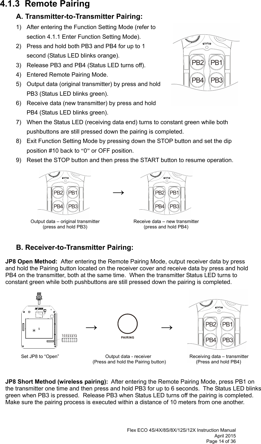  Flex ECO 4S/4X/8S/8X/12S/12X Instruction Manual April 2015 Page 14 of 36  4.1.3  Remote Pairing   A. Transmitter-to-Transmitter Pairing:    1)  After entering the Function Setting Mode (refer to section 4.1.1 Enter Function Setting Mode). 2)  Press and hold both PB3 and PB4 for up to 1 second (Status LED blinks orange). 3)  Release PB3 and PB4 (Status LED turns off).  4)  Entered Remote Pairing Mode.   5)  Output data (original transmitter) by press and hold PB3 (Status LED blinks green). 6)  Receive data (new transmitter) by press and hold PB4 (Status LED blinks green). 7)  When the Status LED (receiving data end) turns to constant green while both pushbuttons are still pressed down the pairing is completed. 8)  Exit Function Setting Mode by pressing down the STOP button and set the dip position #10 back to “0” or OFF position. 9)  Reset the STOP button and then press the START button to resume operation.    →             Output data – original transmitter         Receive data – new transmitter (press and hold PB3)                              (press and hold PB4)        B. Receiver-to-Transmitter Pairing:  JP8 Open Method:  After entering the Remote Pairing Mode, output receiver data by press  and hold the Pairing button located on the receiver cover and receive data by press and hold  PB4 on the transmitter, both at the same time.  When the transmitter Status LED turns to  constant green while both pushbuttons are still pressed down the pairing is completed.                           →              →                          Set JP8 to “Open”                                   Output data - receiver                Receiving data – transmitter (Press and hold the Pairing button)                     (Press and hold PB4)   JP8 Short Method (wireless pairing):  After entering the Remote Pairing Mode, press PB1 on  the transmitter one time and then press and hold PB3 for up to 6 seconds.  The Status LED blinks  green when PB3 is pressed.  Release PB3 when Status LED turns off the pairing is completed.  Make sure the pairing process is executed within a distance of 10 meters from one another.     