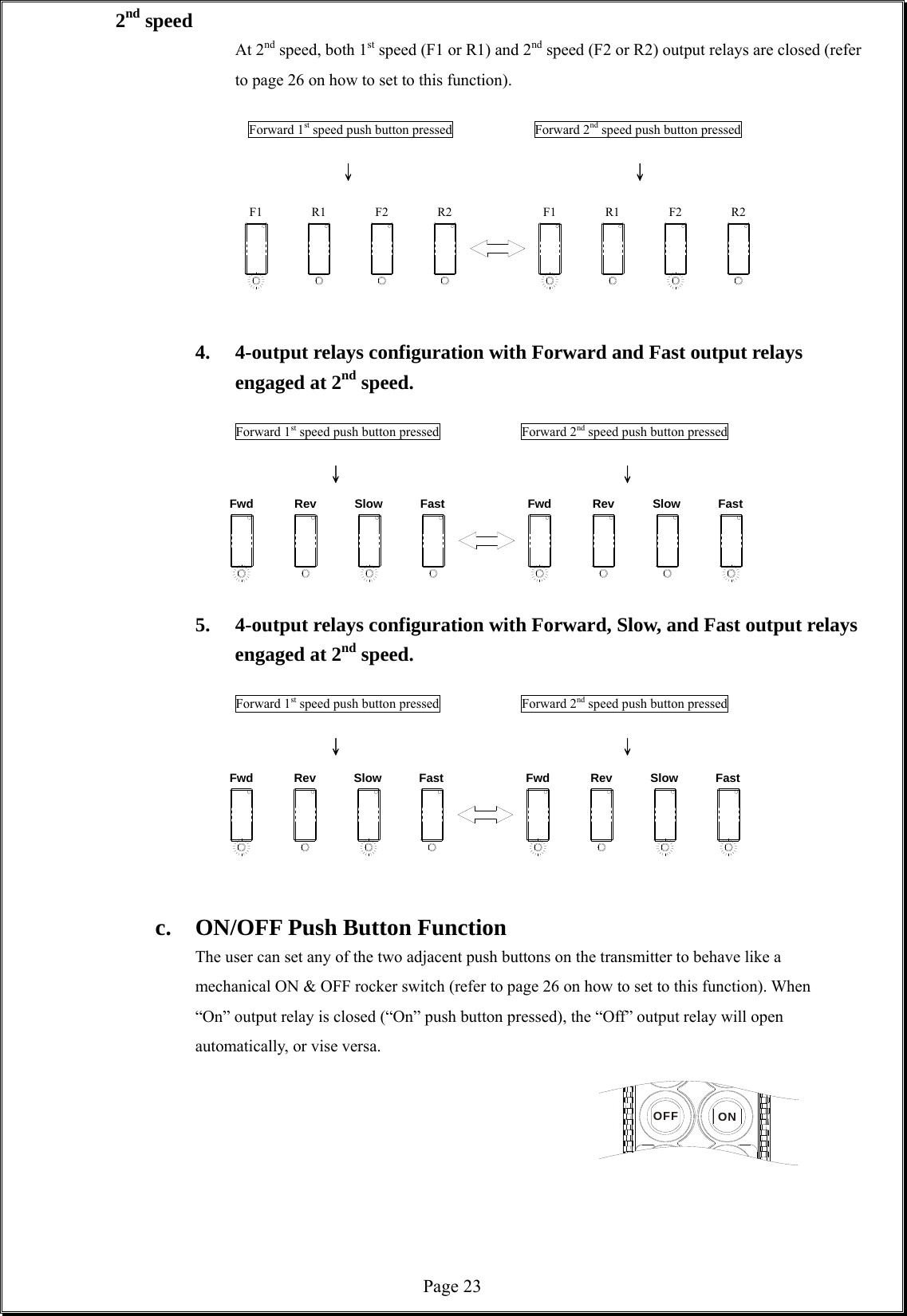  Page 23ONOFFF1 R1 F2 R2R2F2R1F1Fwd Rev Slow FastFwd Rev Slow FastFwd Rev Slow Fast Fwd Rev Slow Fast2nd speed At 2nd speed, both 1st speed (F1 or R1) and 2nd speed (F2 or R2) output relays are closed (refer to page 26 on how to set to this function).                  Forward 1st speed push button pressed            Forward 2nd speed push button pressed              ↓           ↓      4.  4-output relays configuration with Forward and Fast output relays engaged at 2nd speed.                  Forward 1st speed push button pressed                  Forward 2nd speed push button pressed                    ↓             ↓     5.  4-output relays configuration with Forward, Slow, and Fast output relays engaged at 2nd speed.                Forward 1st speed push button pressed                  Forward 2nd speed push button pressed                    ↓             ↓        c.  ON/OFF Push Button Function The user can set any of the two adjacent push buttons on the transmitter to behave like a mechanical ON &amp; OFF rocker switch (refer to page 26 on how to set to this function). When “On” output relay is closed (“On” push button pressed), the “Off” output relay will open automatically, or vise versa.            