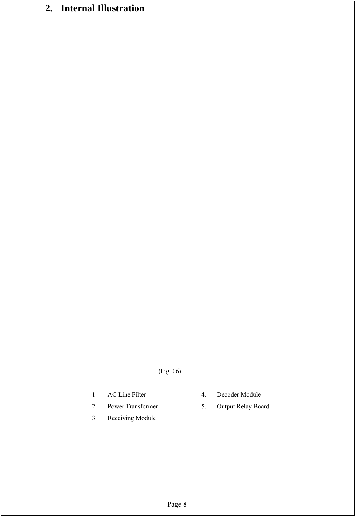  Page 82. Internal Illustration                                                                (Fig. 06)     1. AC Line Filter    4. Decoder Module    2. Power Transformer   5. Output Relay Board    3. Receiving Module        